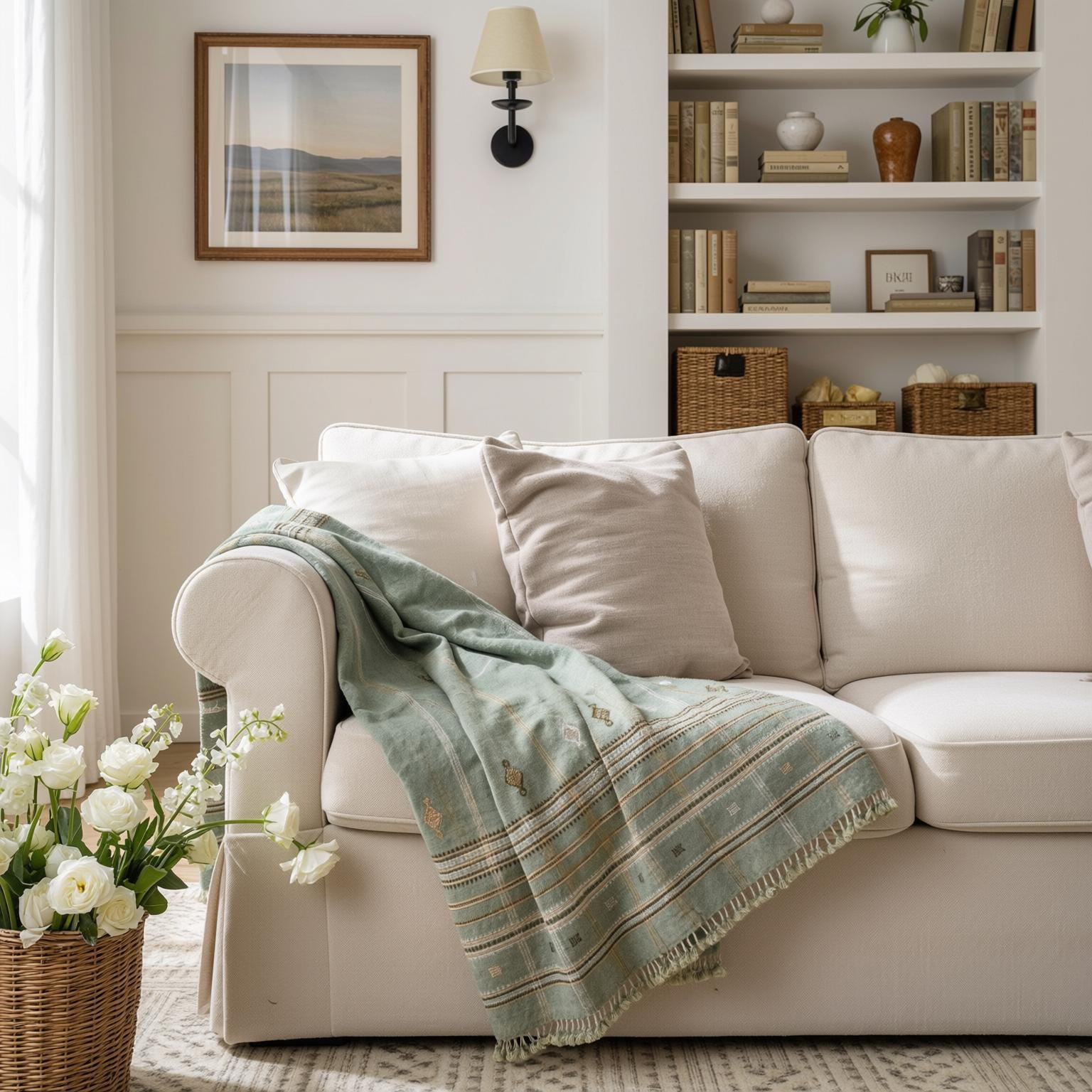 Sage Green Indian Wool Throw Blanket, Handwoven Sofa Coverlet & Lightweight Bed Runner - JADE
