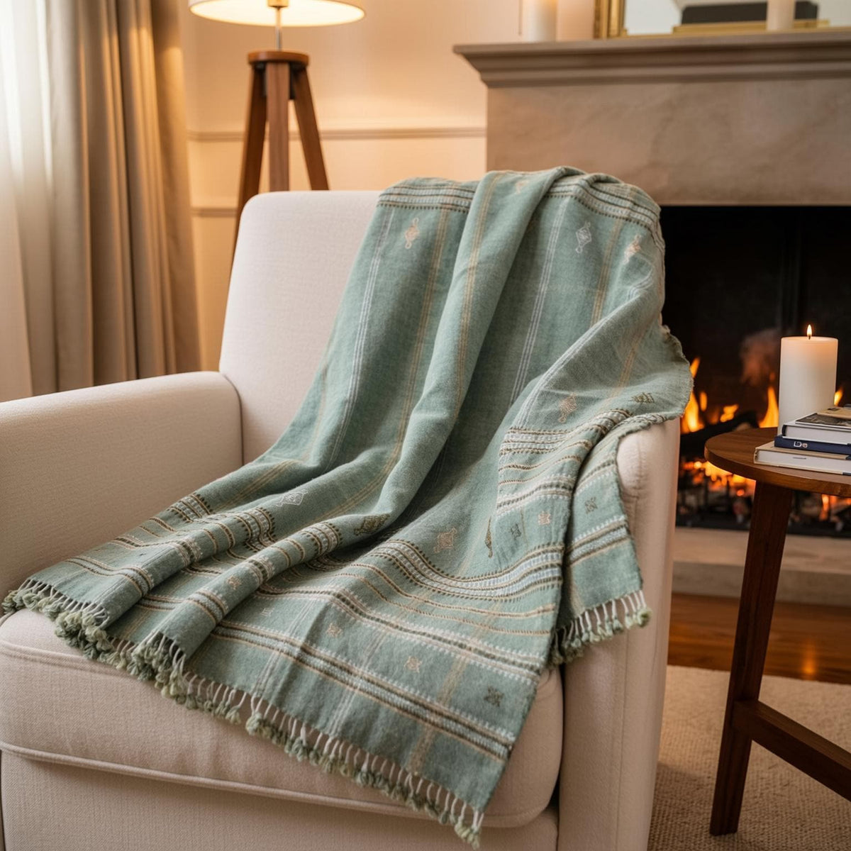 Sage Green Indian Wool Throw Blanket, Handwoven Sofa Coverlet with Japandi Bedroom Accent - JADE
