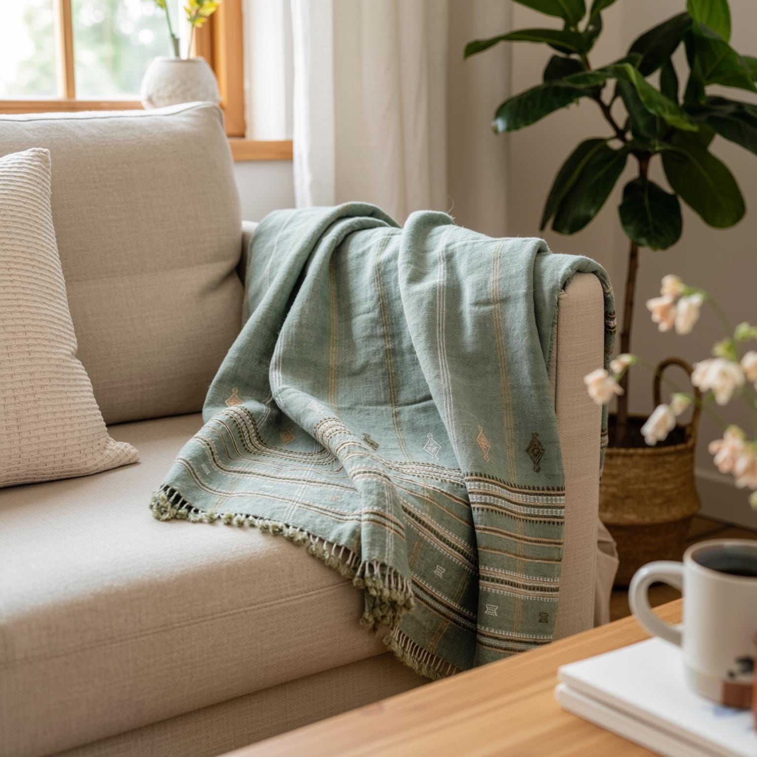 Sage Green Indian Wool Throw Blanket, Handwoven Sofa Coverlet & Lightweight Bed Runner - JADE