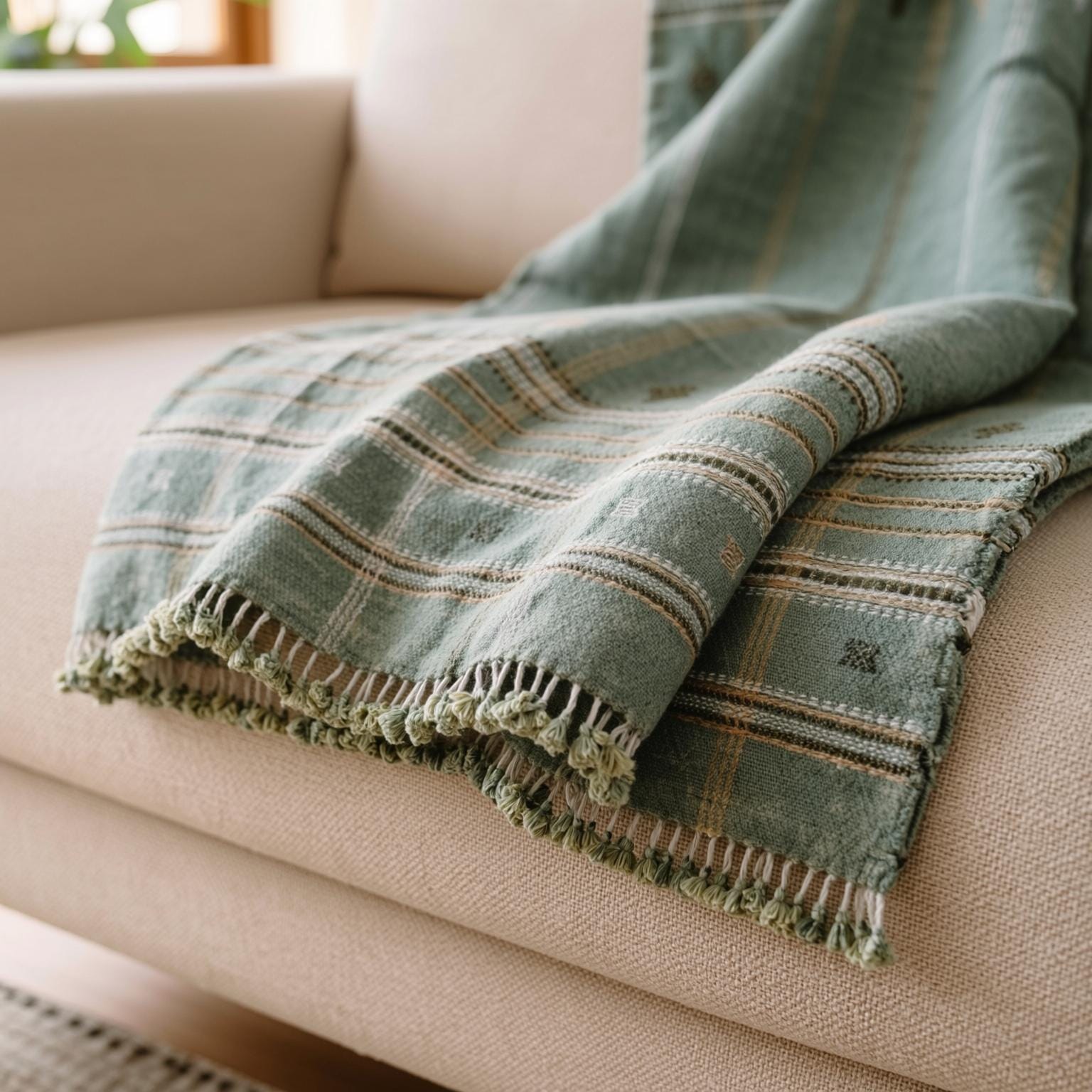 Sage Green Indian Wool Throw Blanket, Handwoven Sofa Coverlet & Lightweight Bed Runner - JADE