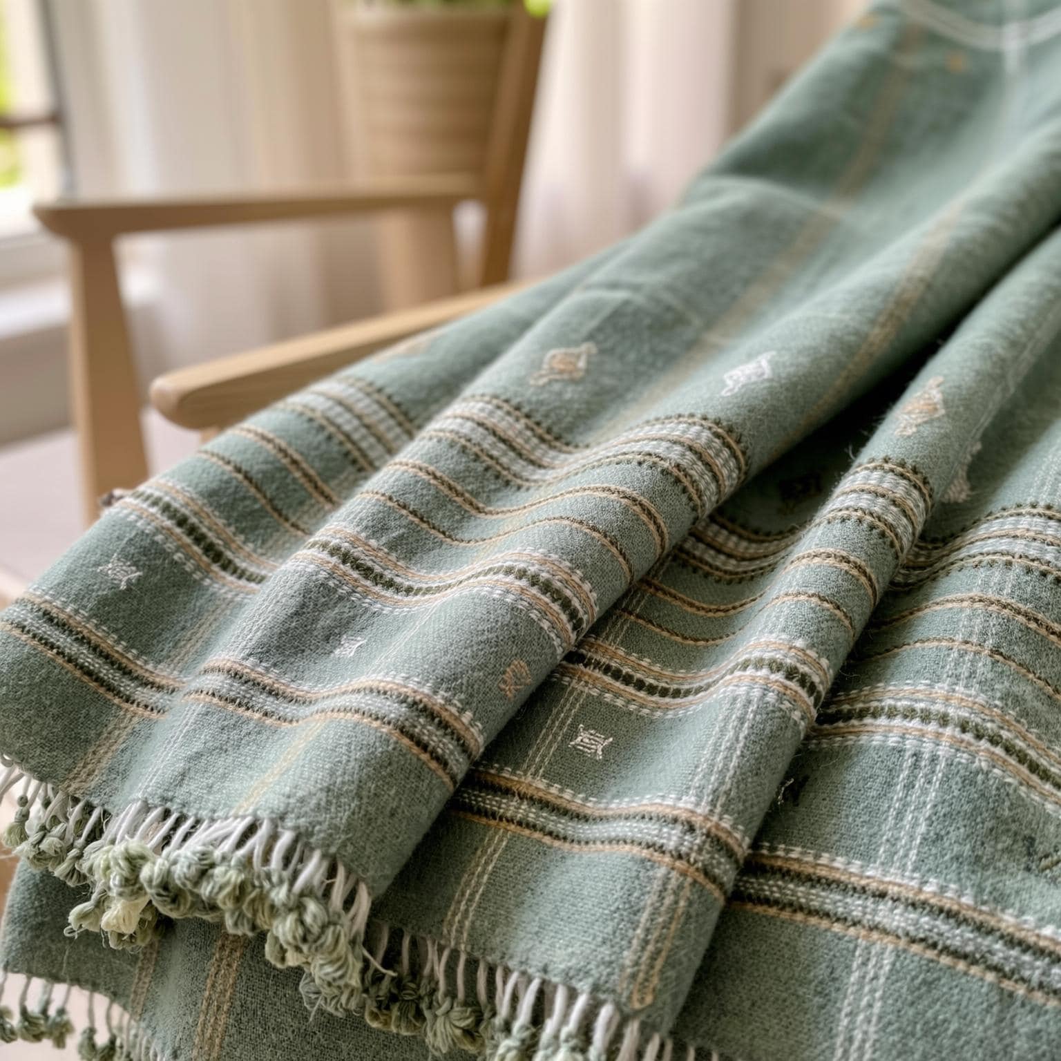 Sage Green Indian Wool Throw Blanket, Handwoven Sofa Coverlet & Lightweight Bed Runner - JADE
