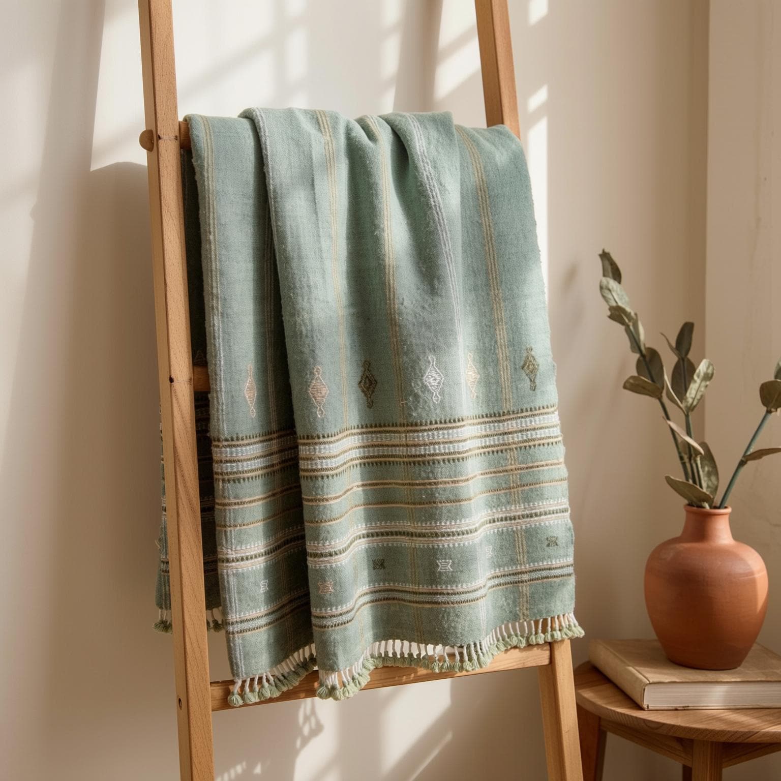Sage Green Indian Wool Throw Blanket, Handwoven Sofa Coverlet & Lightweight Bed Runner - JADE