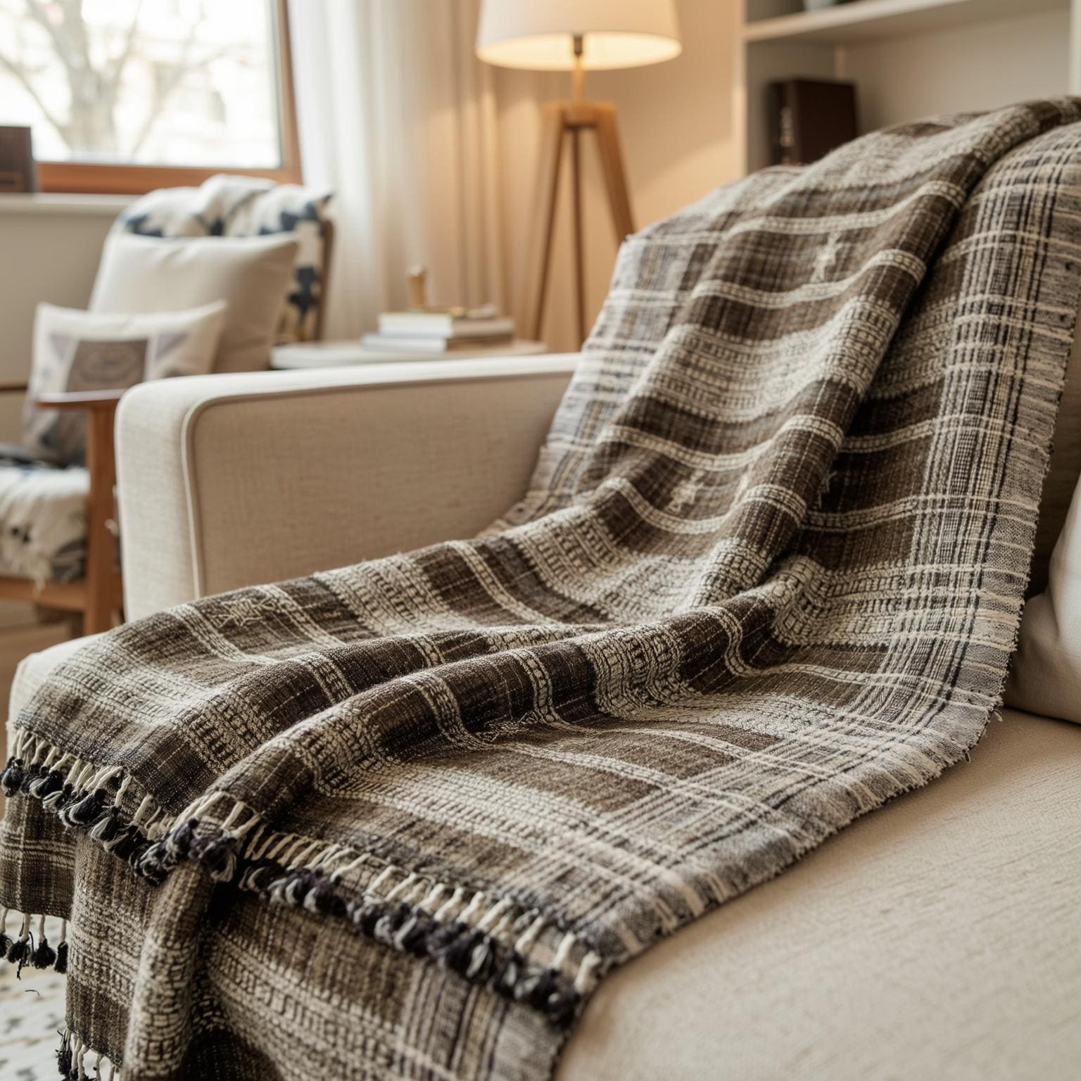 Brown Indian Wool Throw Blanket, Handwoven Sofa Coverlet & Rustic Bed Runner - SPHENE