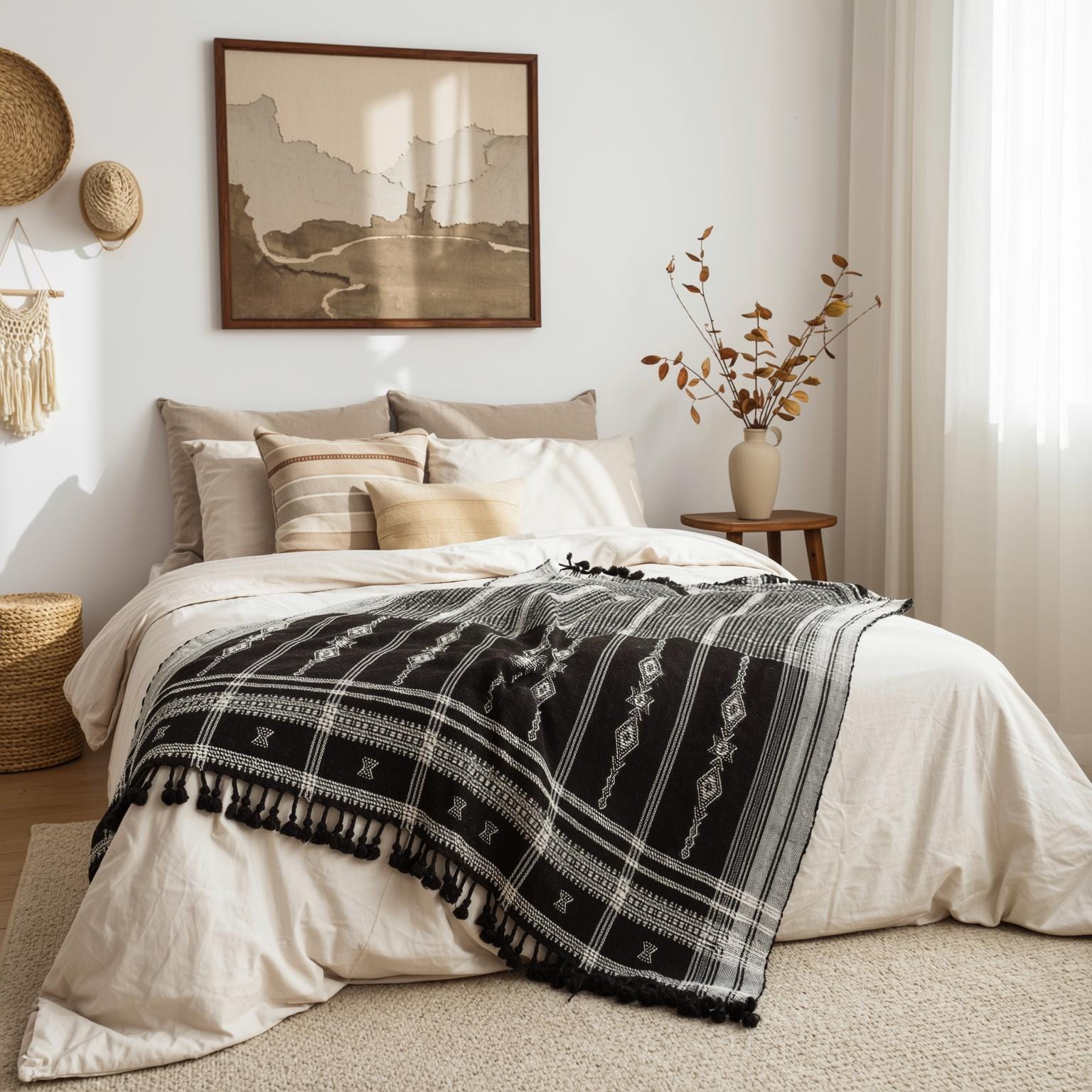 Brown Indian Wool Throw Blanket, Handwoven Sofa Coverlet & Rustic Bed Runner - CITRINE