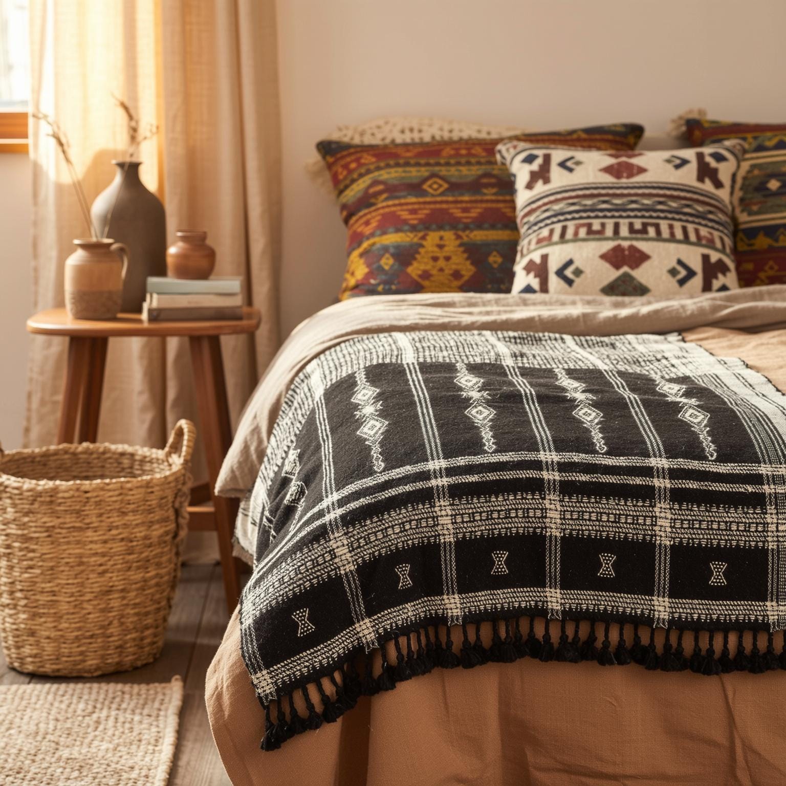 Brown Indian Wool Throw Blanket, Handwoven Sofa Coverlet & Rustic Bed Runner - CITRINE
