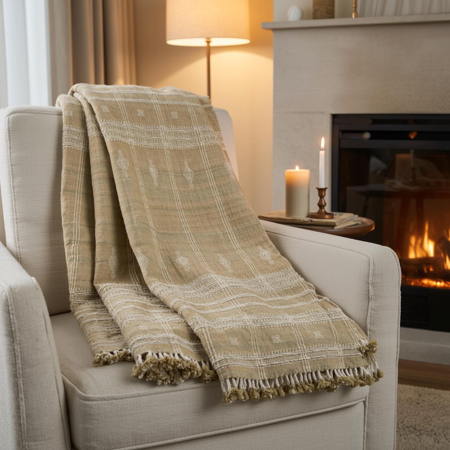 Tan Beige Indian Wool Throw Blanket, Handwoven Sofa Coverlet & Neutral Bed Runner - JASPER