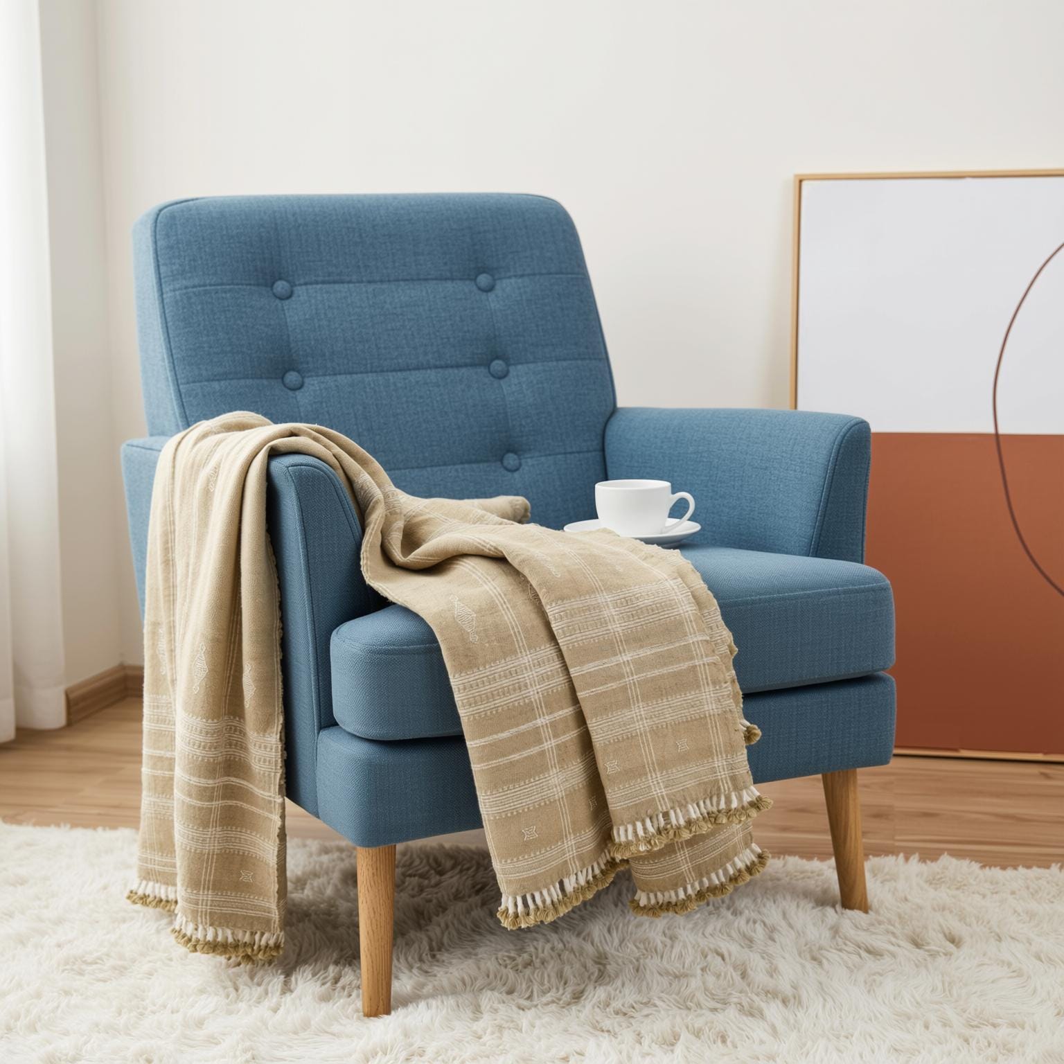 Tan Beige Indian Wool Throw Blanket, Handwoven Sofa Coverlet & Neutral Bed Runner - JASPER