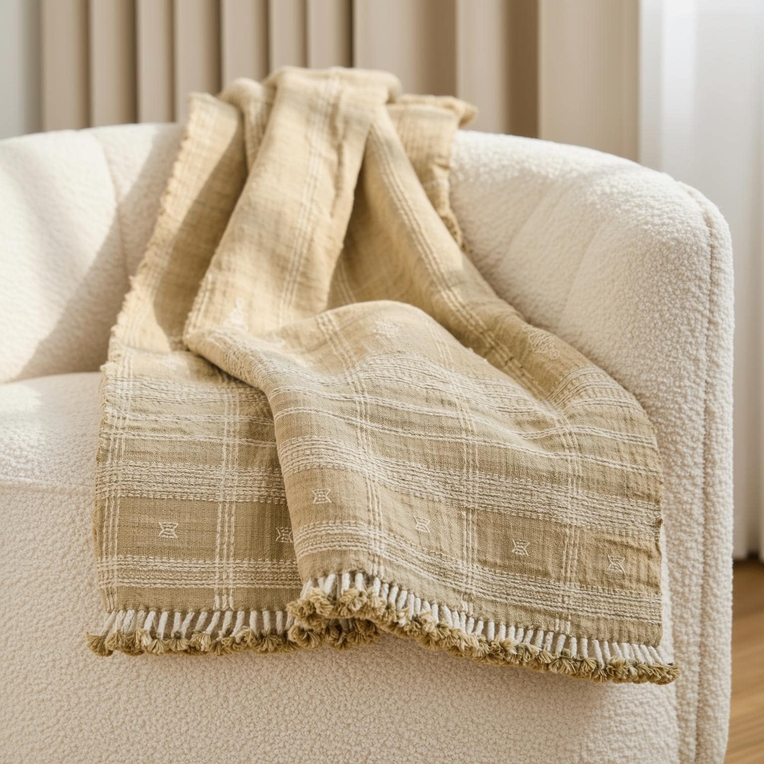 Tan Beige Indian Wool Throw Blanket, Handwoven Sofa Coverlet with Farmhouse Bedroom Layer - JASPER