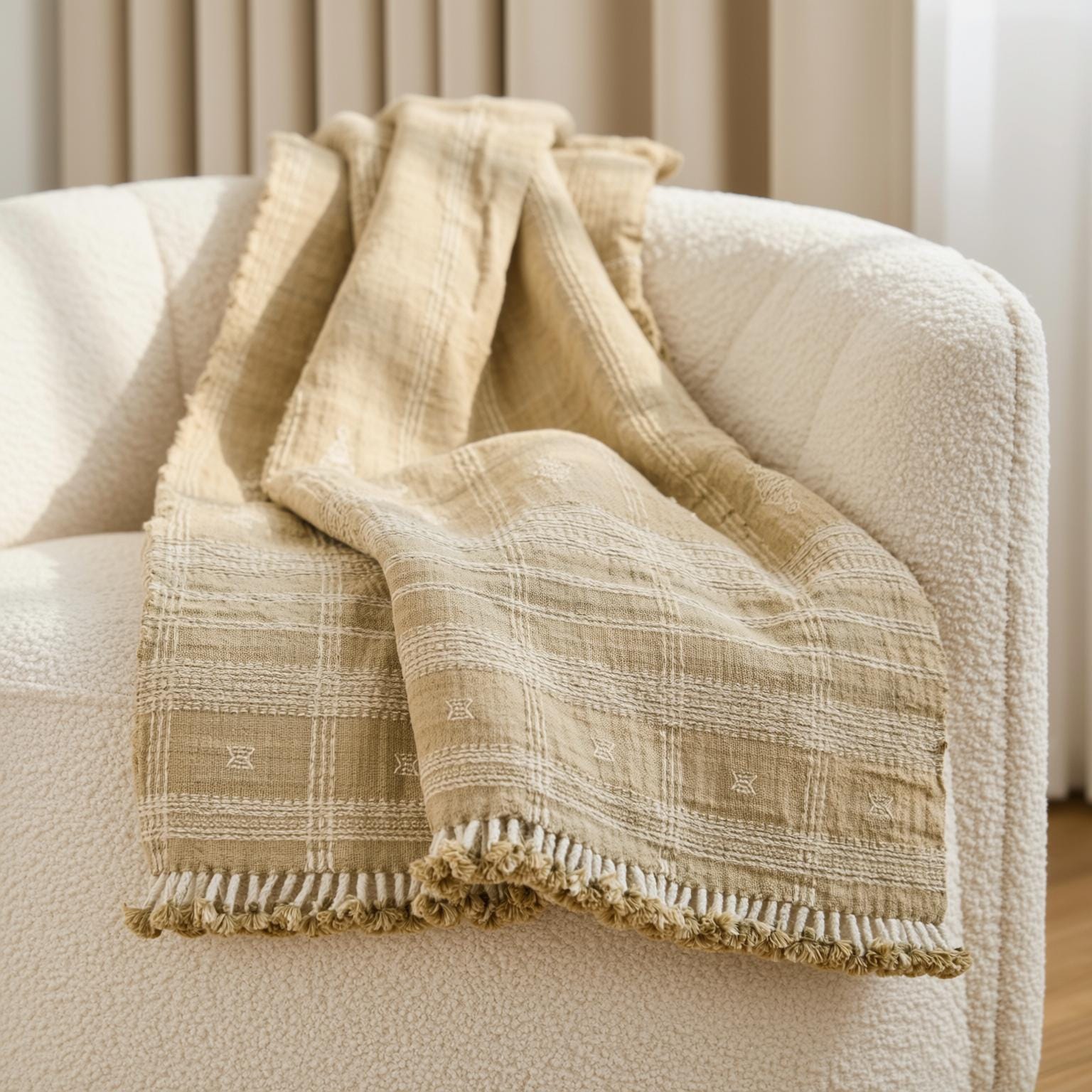 Tan Beige Indian Wool Throw Blanket, Handwoven Sofa Coverlet & Neutral Bed Runner - JASPER