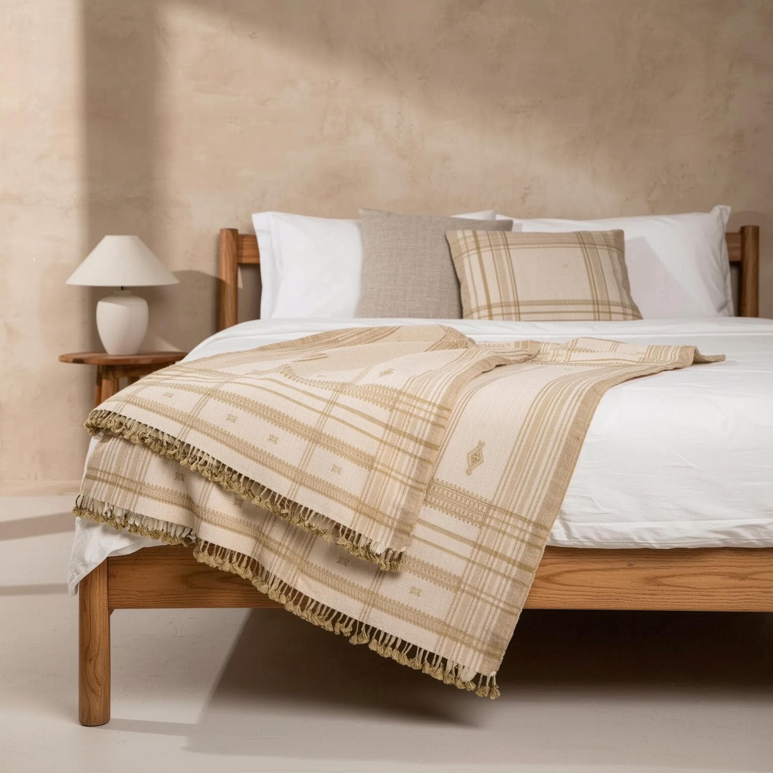 Off White Tan Indian Wool Throw Blanket, Handwoven Sofa Throw & Warm Neutral Bed Runner - HEERA