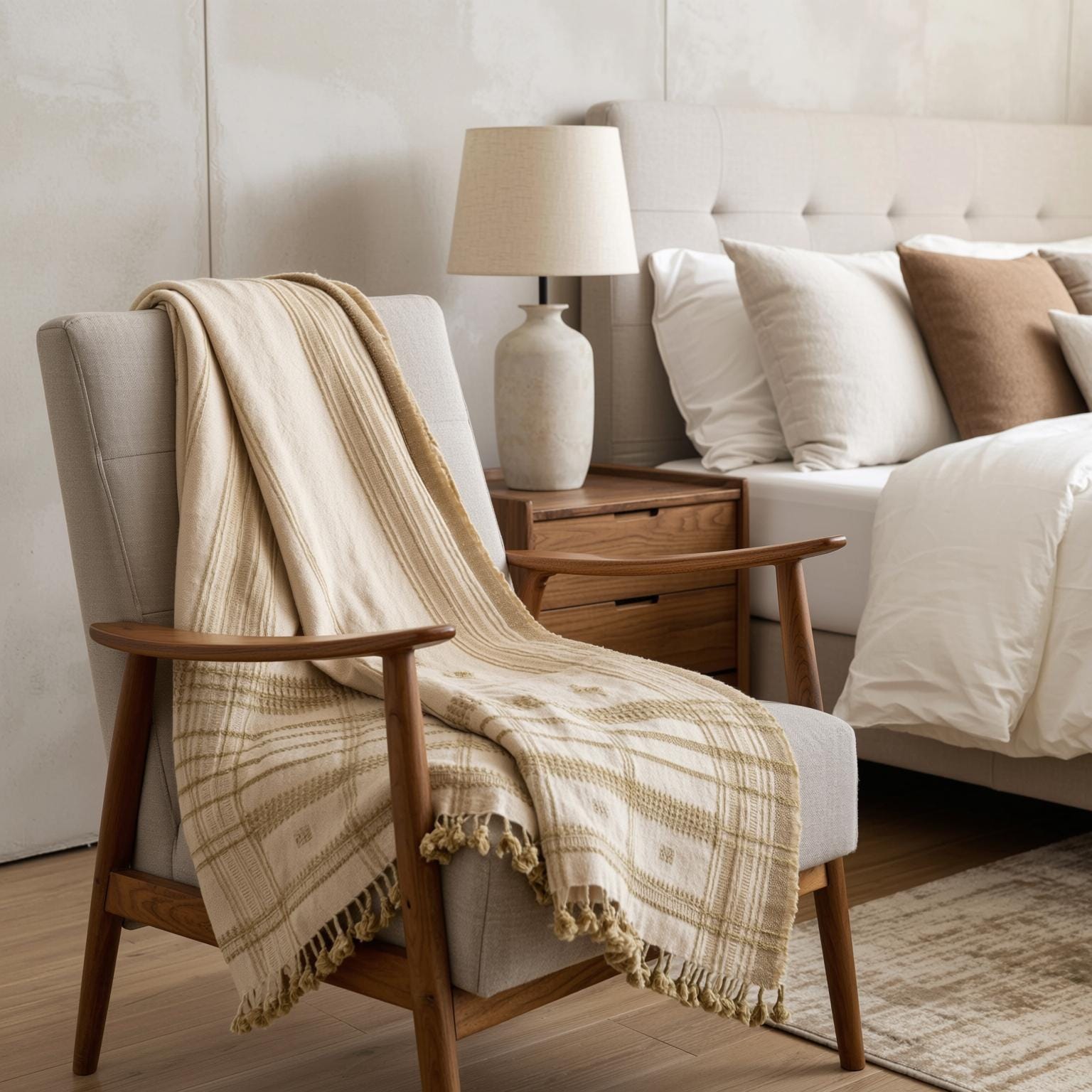 Off White Tan Indian Wool Throw Blanket, Handwoven Sofa Throw & Warm Neutral Bed Runner - HEERA