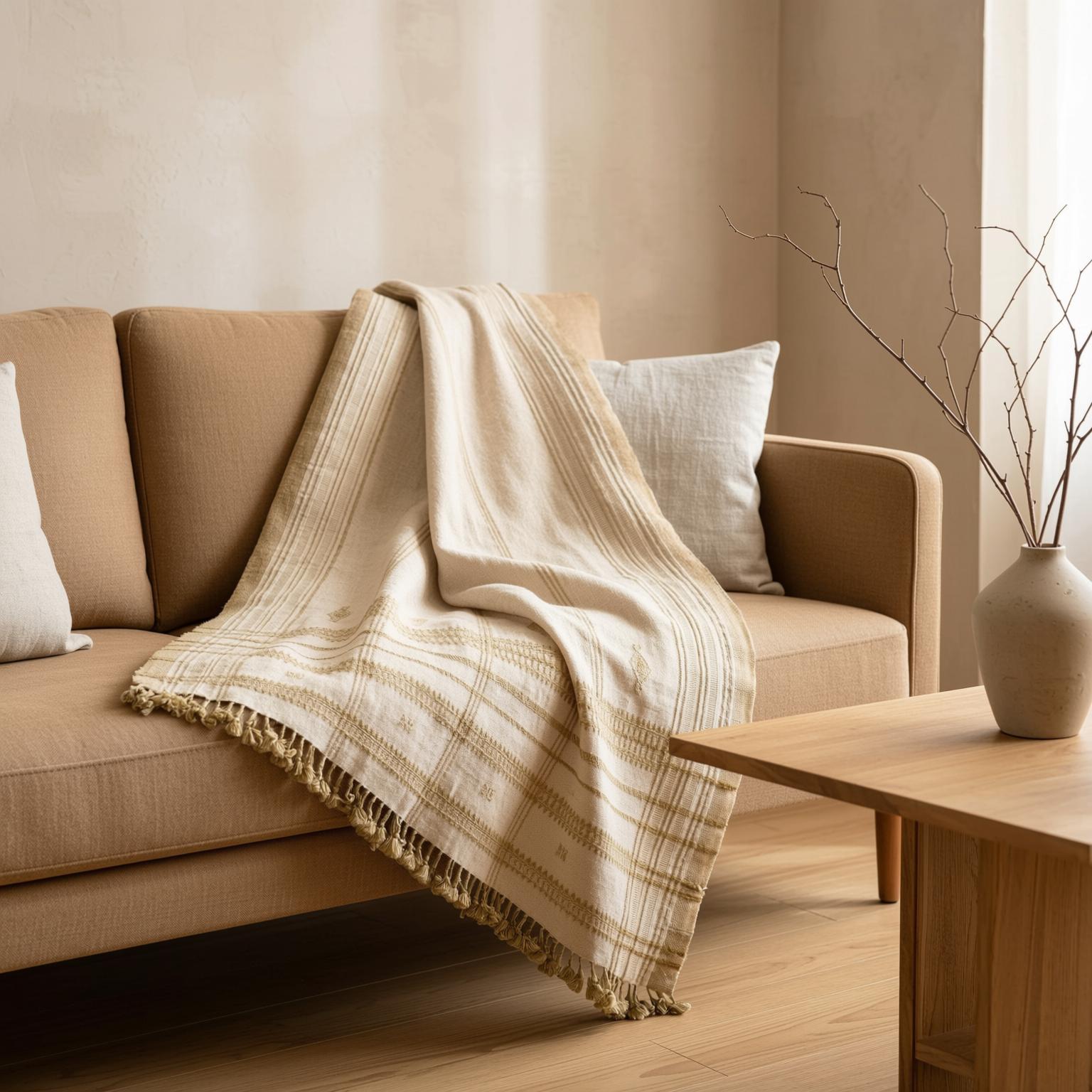 Off White Tan Indian Wool Throw Blanket, Handwoven Sofa Throw & Warm Neutral Bed Runner - HEERA