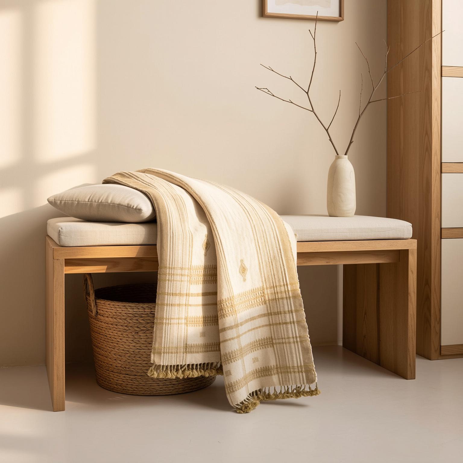 Off White Tan Indian Wool Throw Blanket, Handwoven Sofa Throw & Warm Neutral Bed Runner - HEERA