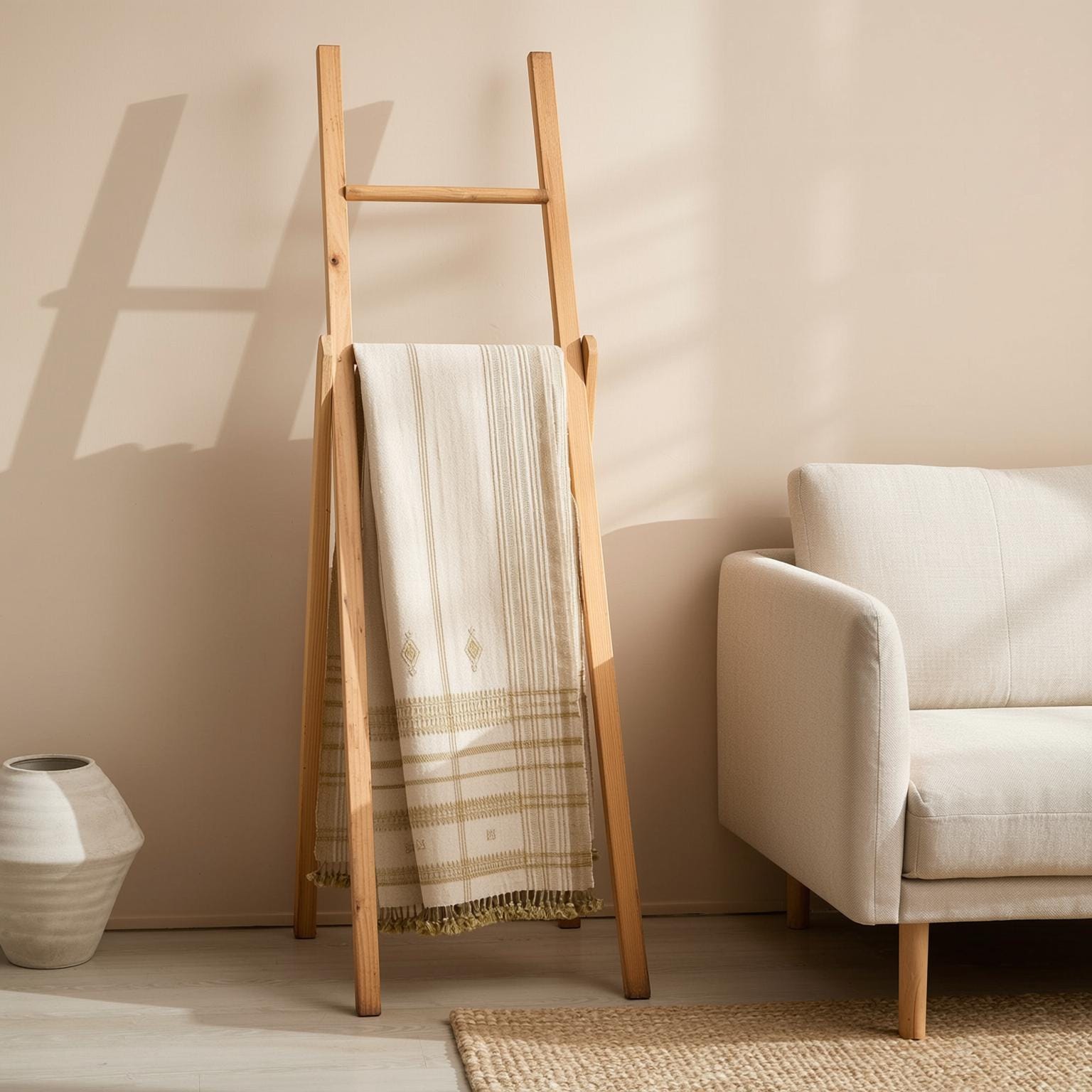 Off White Tan Indian Wool Throw Blanket, Handwoven Sofa Throw & Warm Neutral Bed Runner - HEERA