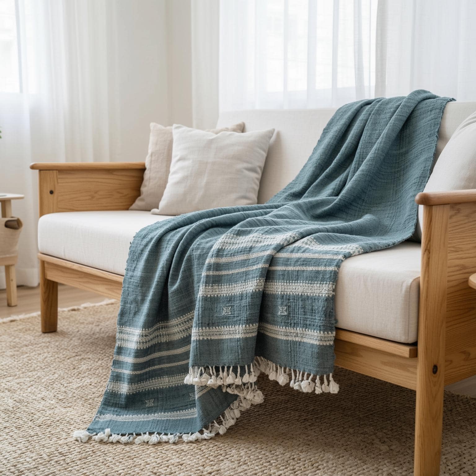 Vibrant Teal Blue Indian Wool Throw Blanket, Handwoven Boho Sofa Cover & Bed Runner - NEELAM