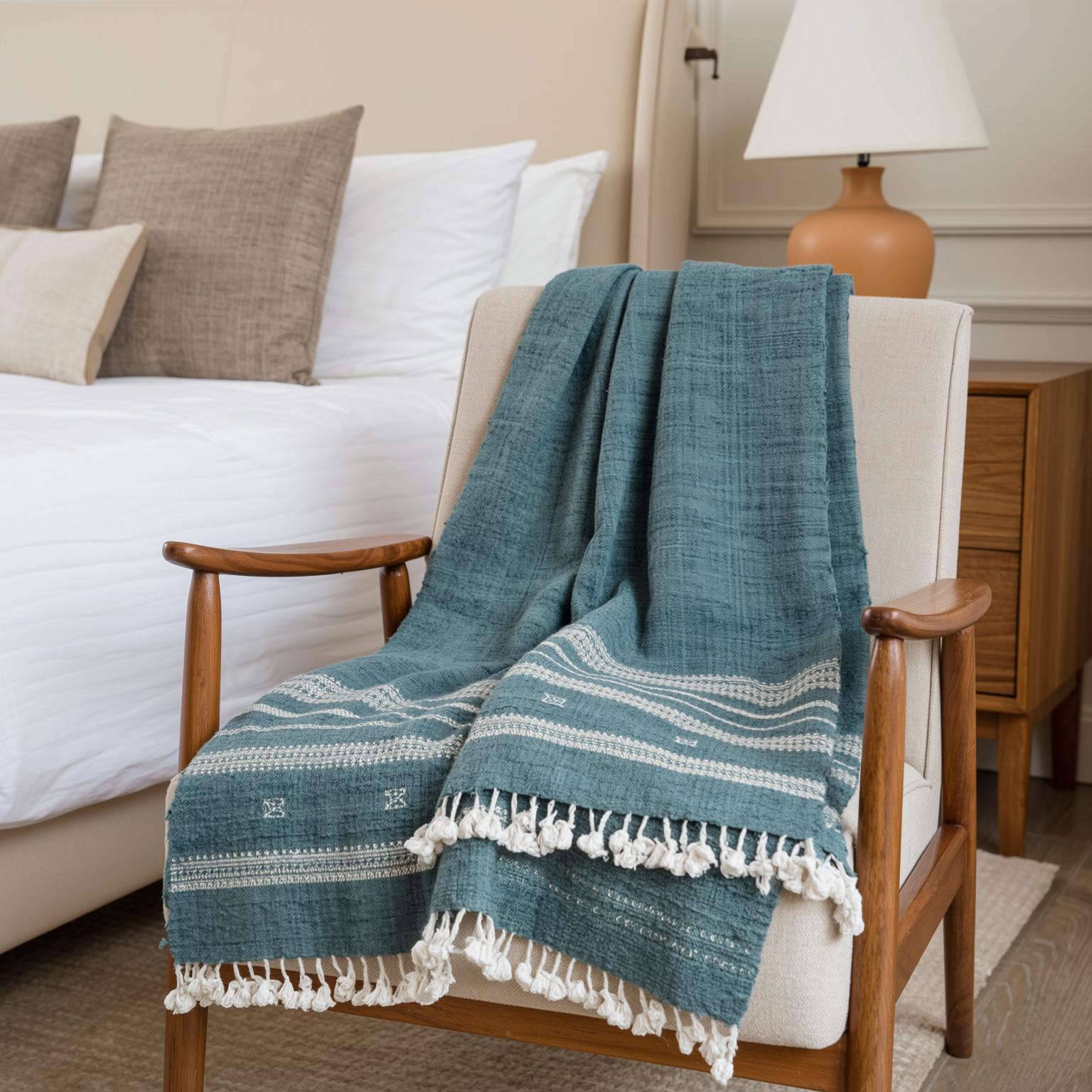 Vibrant Teal Blue Indian Wool Throw Blanket, Handwoven Boho Sofa Cover & Bed Runner - NEELAM