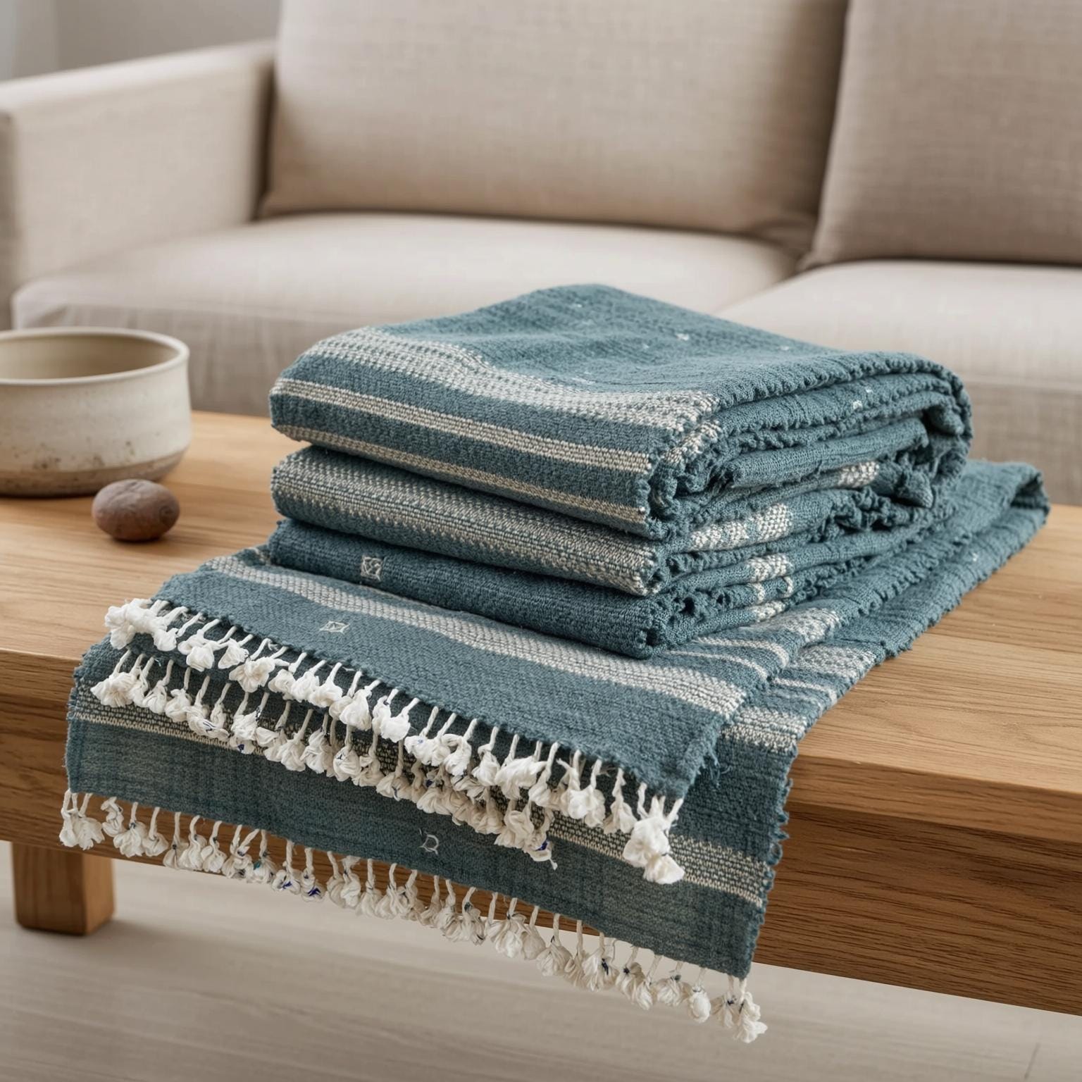 Vibrant Teal Blue Indian Wool Throw Blanket, Handwoven Boho Sofa Cover & Bed Runner - NEELAM