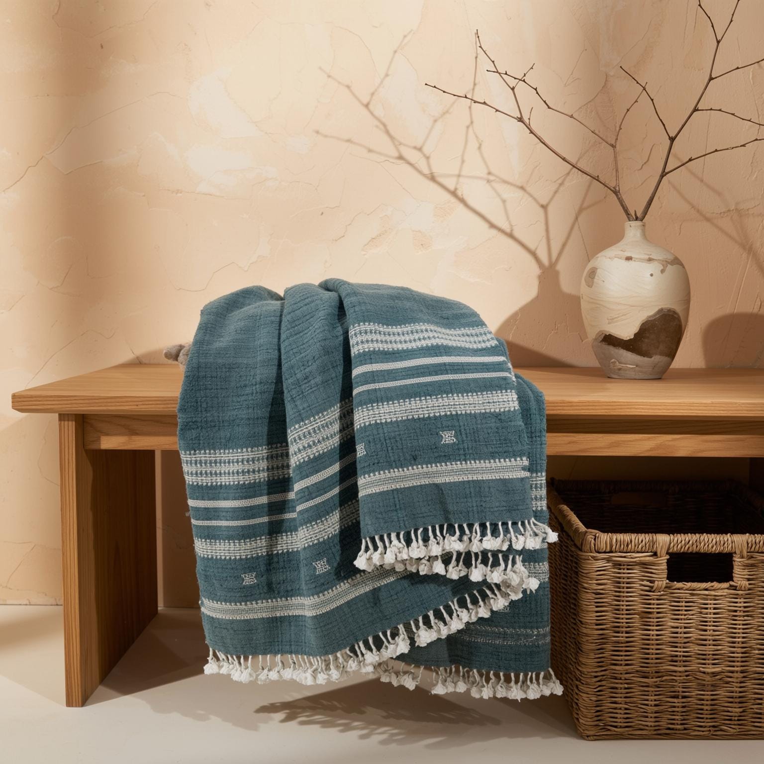 Vibrant Teal Blue Indian Wool Throw Blanket, Handwoven Boho Sofa Cover & Bed Runner - NEELAM