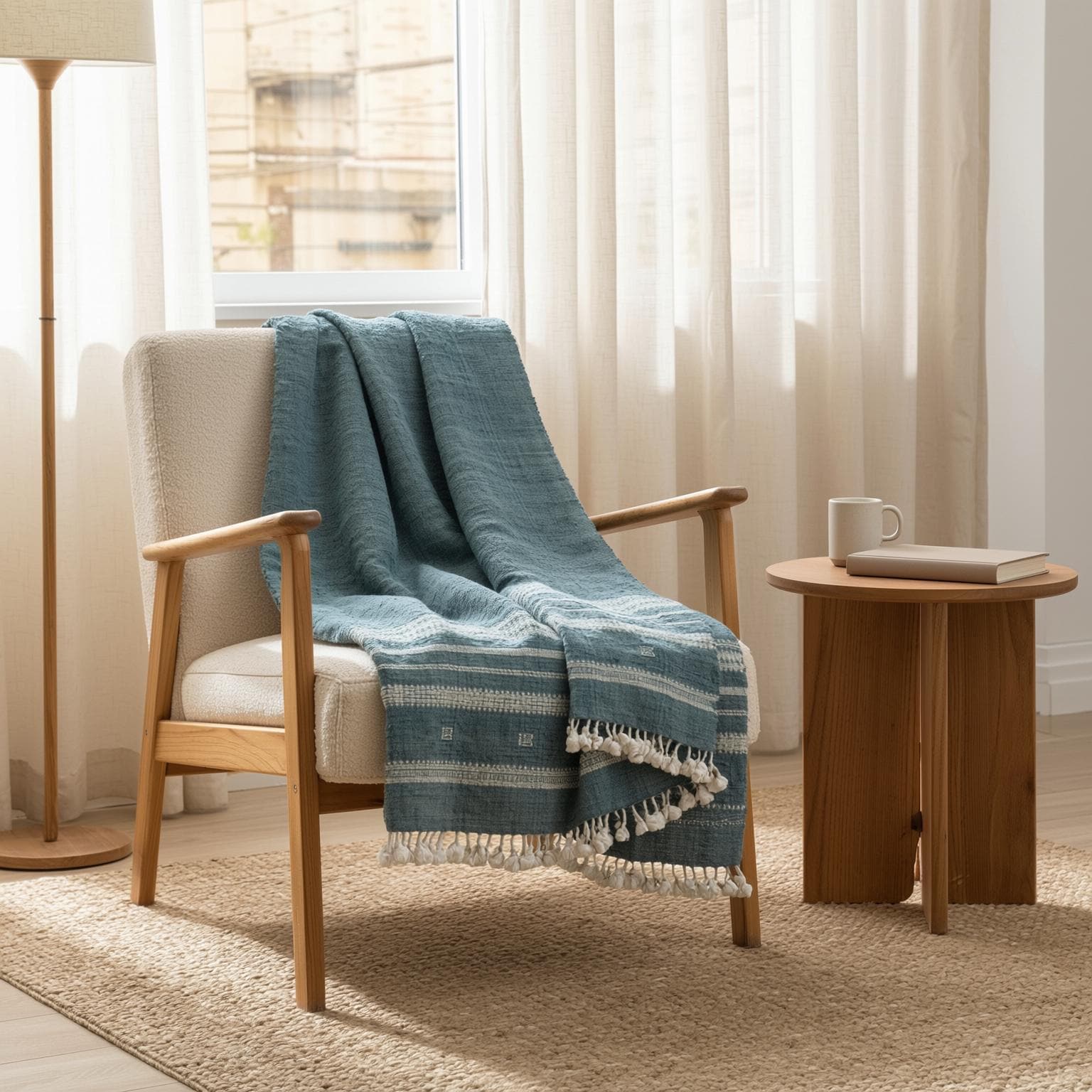 Vibrant Teal Blue Indian Wool Throw Blanket, Handwoven Boho Sofa Cover & Bed Runner - NEELAM