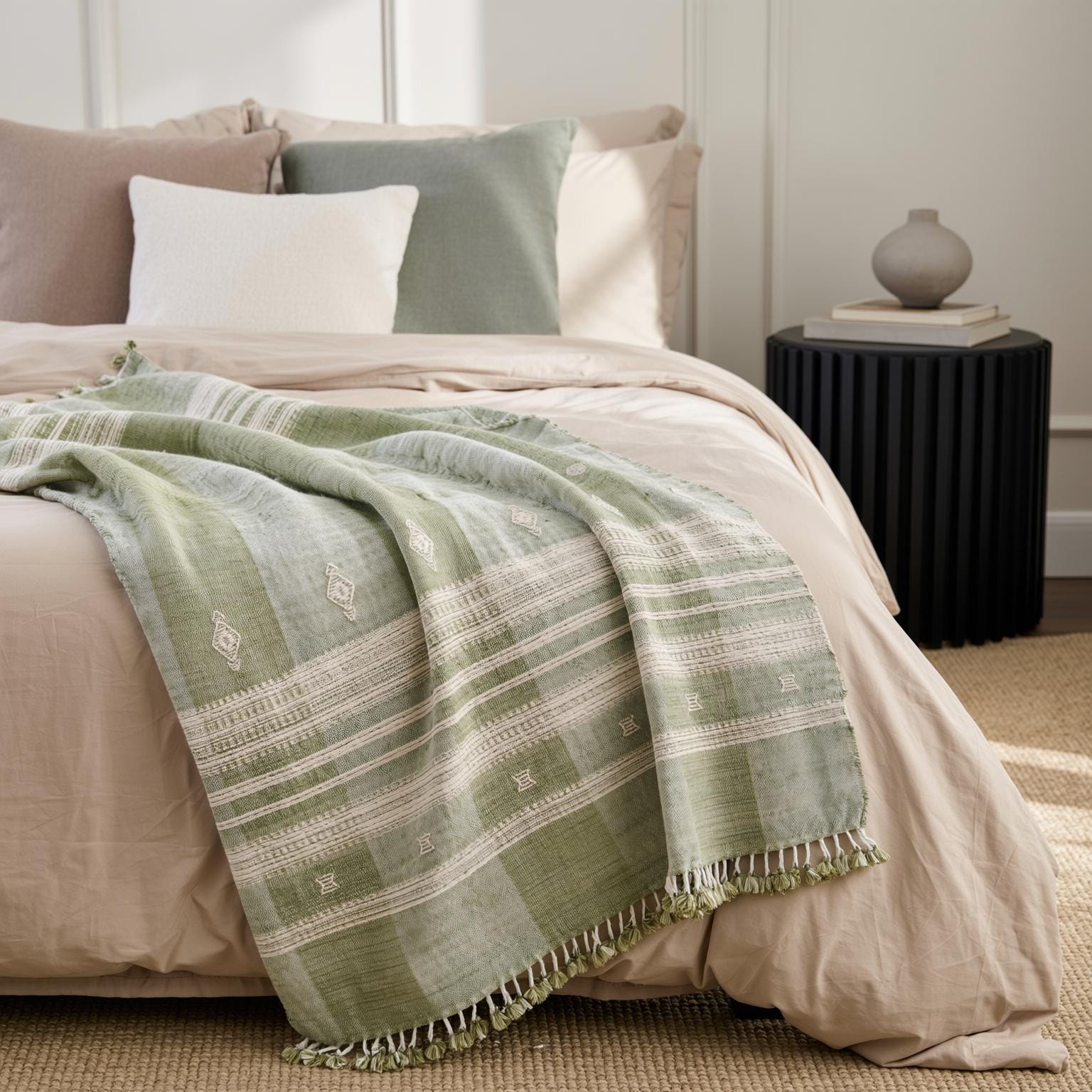 Sage Green Indian Wool Throw Blanket, Handwoven Sofa Coverlet & Neutral Bed Runner - SAGE