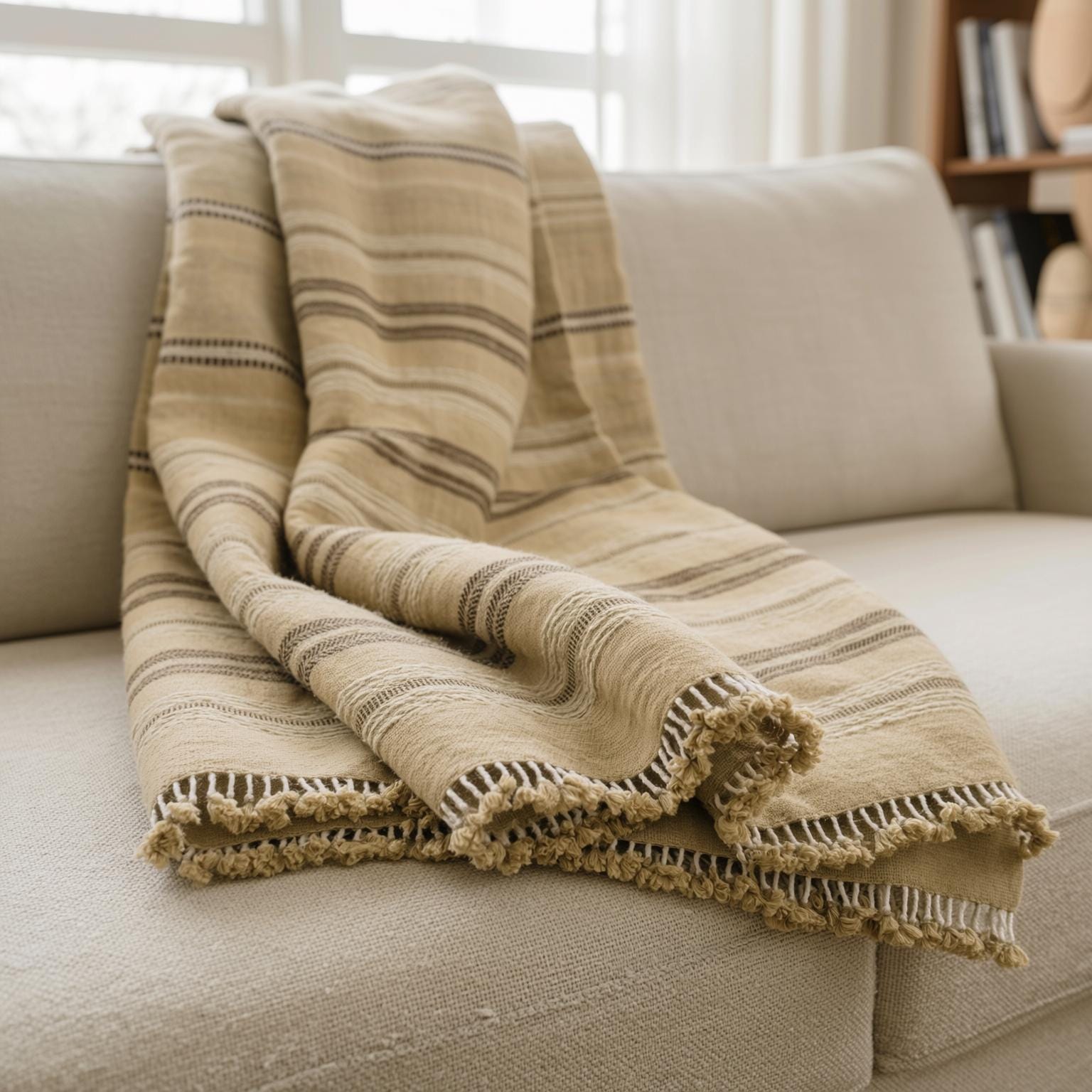 Beige Tan Indian Wool Throw Blanket, Handwoven Sofa Runner & Neutral Bedspread - OPAL