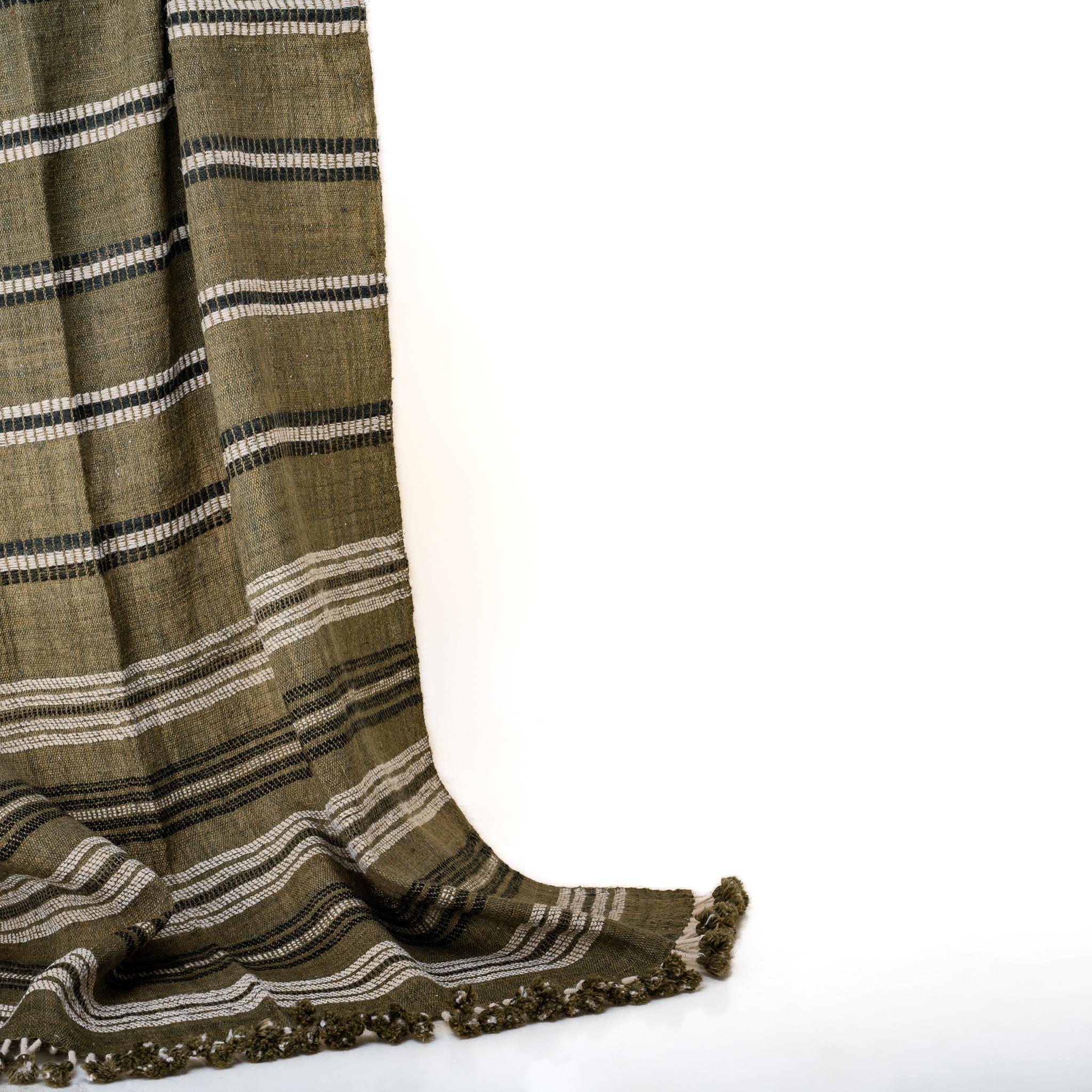 Olive Green Striped Indian Wool Throw Blanket, Handwoven Sofa Coverlet & Bed Runner - MOSS