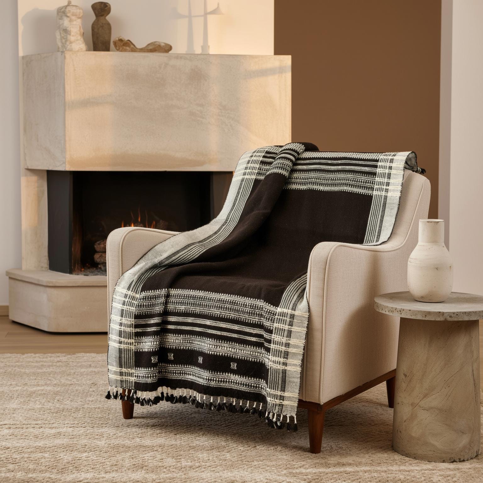 Chocolate Brown Indian Wool Throw Blanket, Handwoven Sofa Coverlet & Rustic Bed Runner - QUARTZ