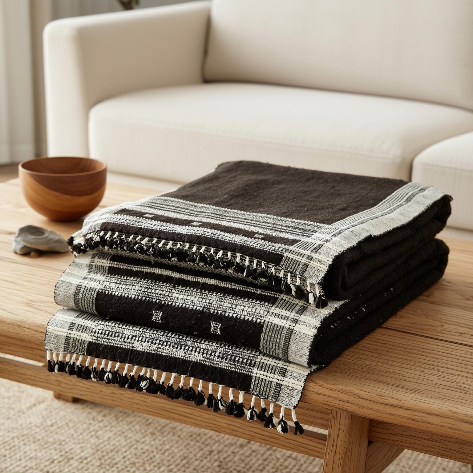 Chocolate Brown Indian Wool Throw Blanket, Handwoven Sofa Coverlet & Rustic Bed Runner - QUARTZ