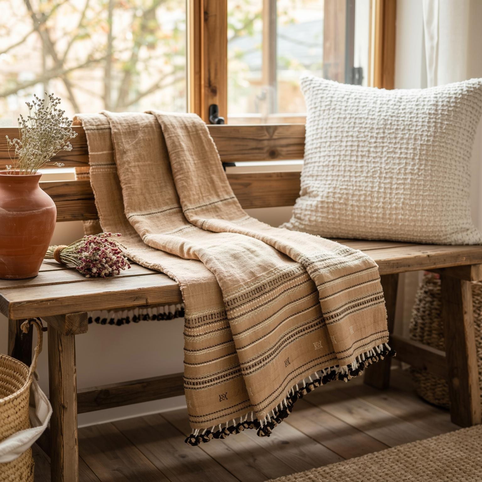 Rust Orange Indian Wool Throw Blanket, Handwoven Couch Coverlet with Warm Bedroom Accent - SUNSTONE