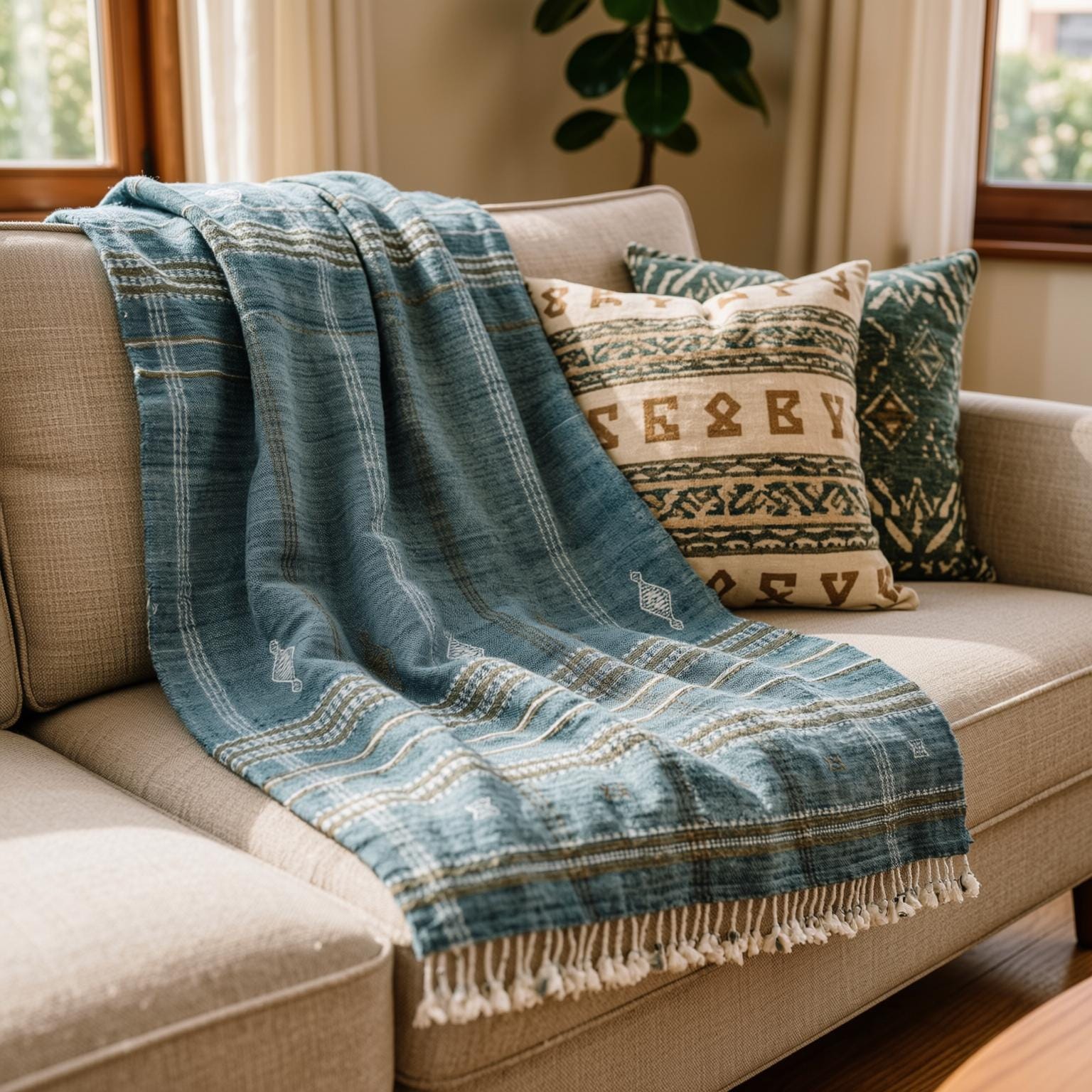 Teal Blue Wool Throw Blanket, Handmade Indian Coverlet for Sofa, Couch, Bed Runner & Boho Home Decor - LAPIS