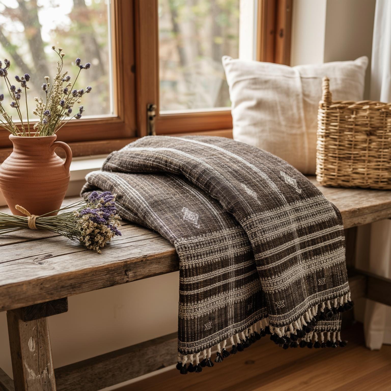 Warm Brown Indian Wool Throw Blanket, Handwoven Sofa Coverlet with Lodge Bedroom Layer - BRONZITE
