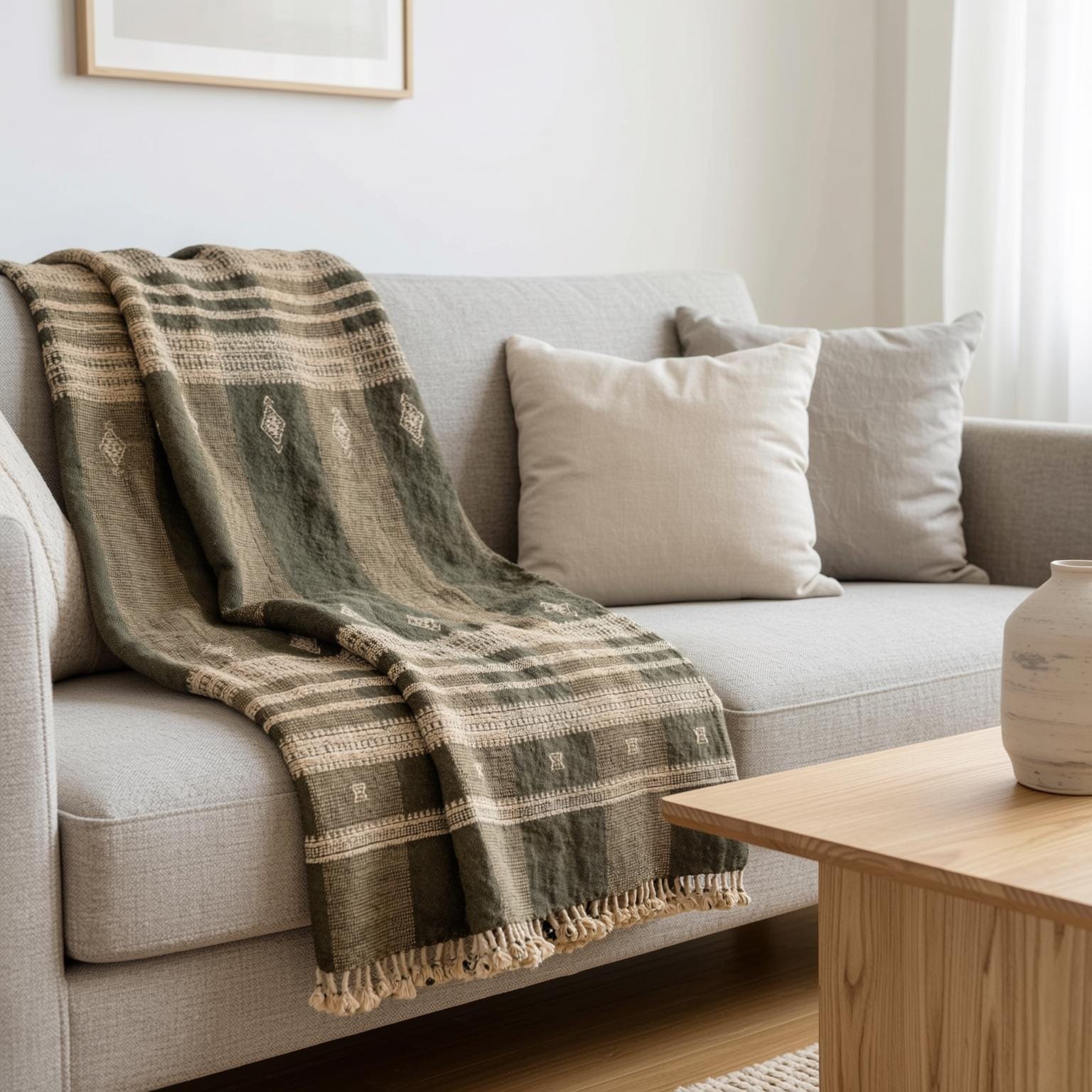 Olive Brown Indian Wool Throw Blanket, Handwoven Sofa Coverlet & Boho Bed Runner - ZARA