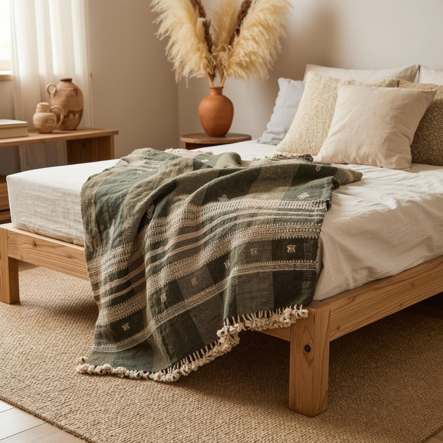 Olive Brown Indian Wool Throw Blanket, Handwoven Sofa Coverlet & Boho Bed Runner - ZARA
