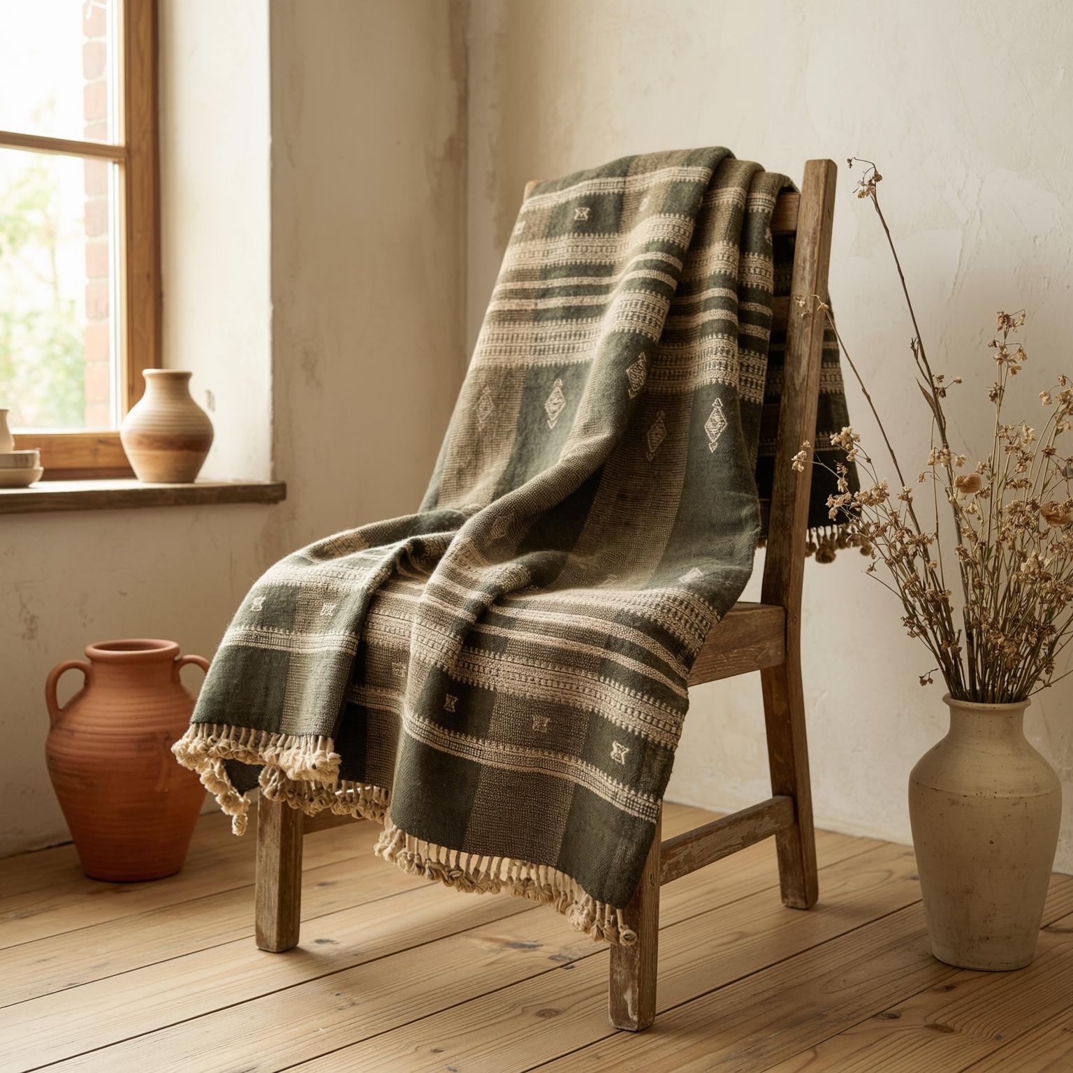 Olive Brown Indian Wool Throw Blanket, Handwoven Sofa Coverlet & Boho Bed Runner - ZARA