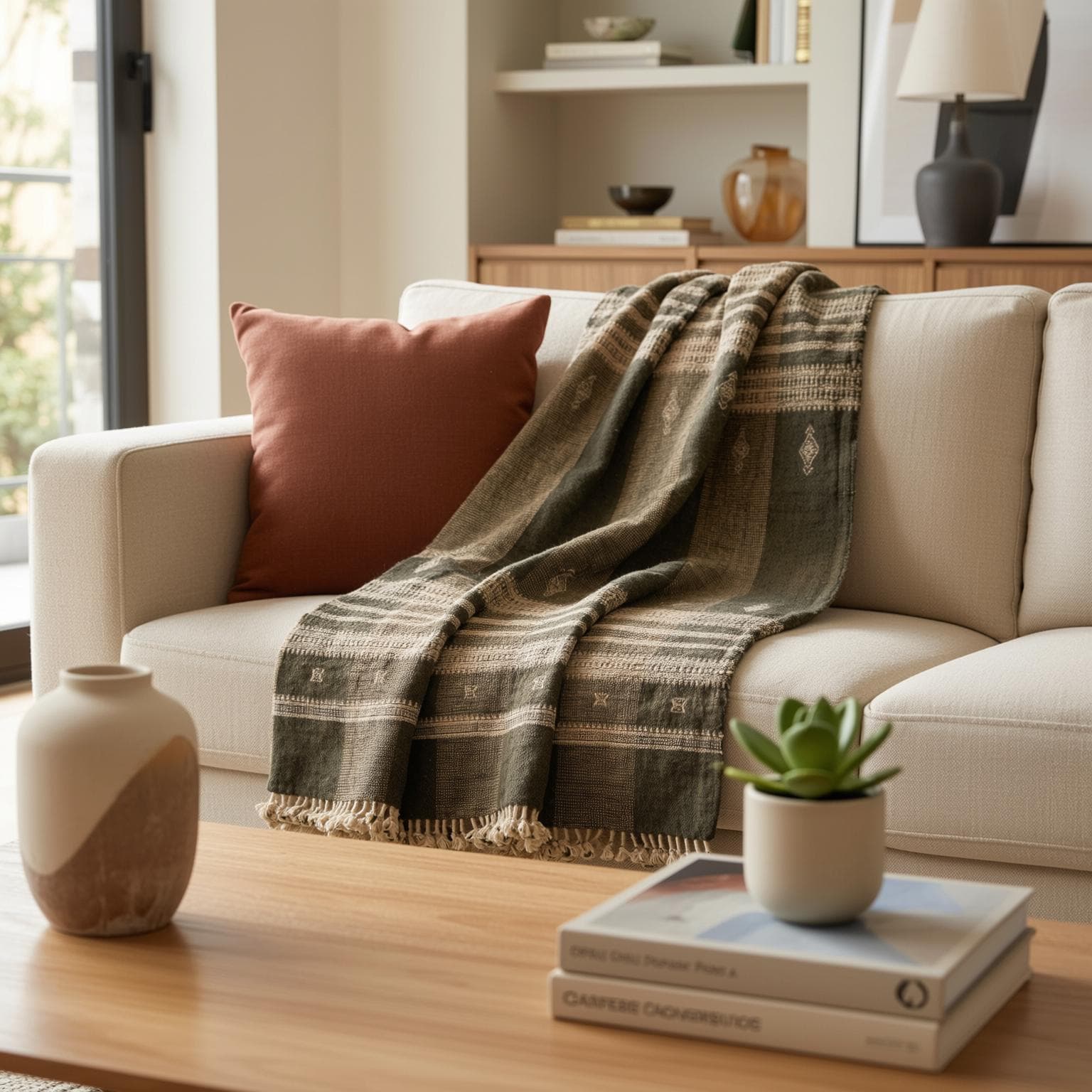Olive Brown Indian Wool Throw Blanket, Handwoven Sofa Coverlet & Boho Bed Runner - ZARA