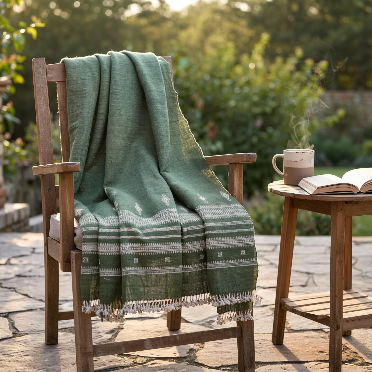 Forest Green Indian Wool Throw Blanket, Handwoven Sofa Coverlet & Boho Bed Runner - ERICA