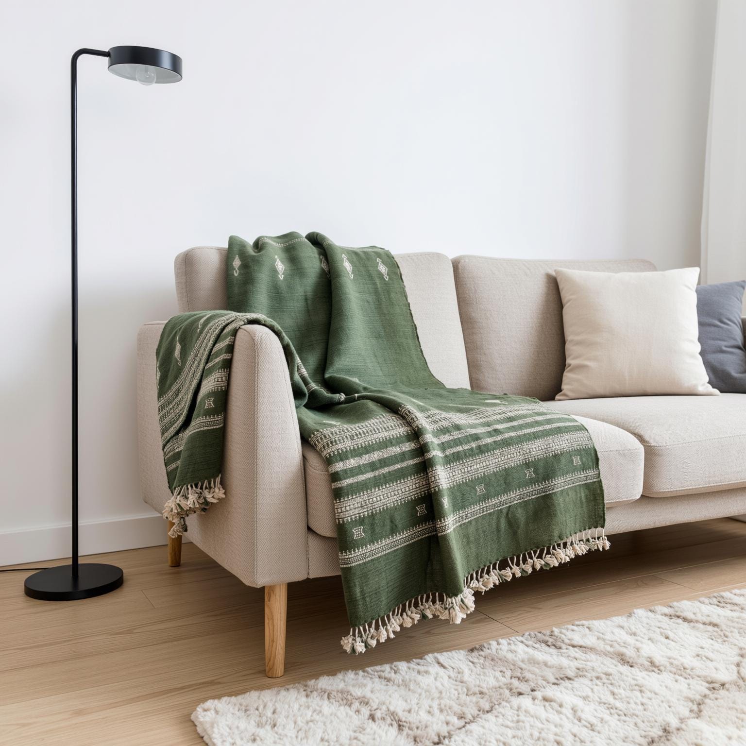 Forest Green Indian Wool Throw Blanket, Handwoven Sofa Coverlet & Boho Bed Runner - ERICA