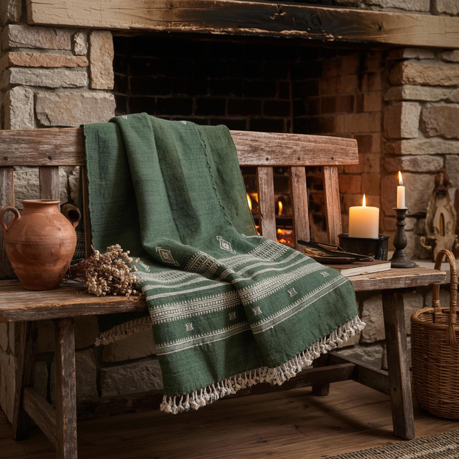 Forest Green Indian Wool Throw Blanket, Handwoven Sofa Coverlet & Boho Bed Runner - ERICA