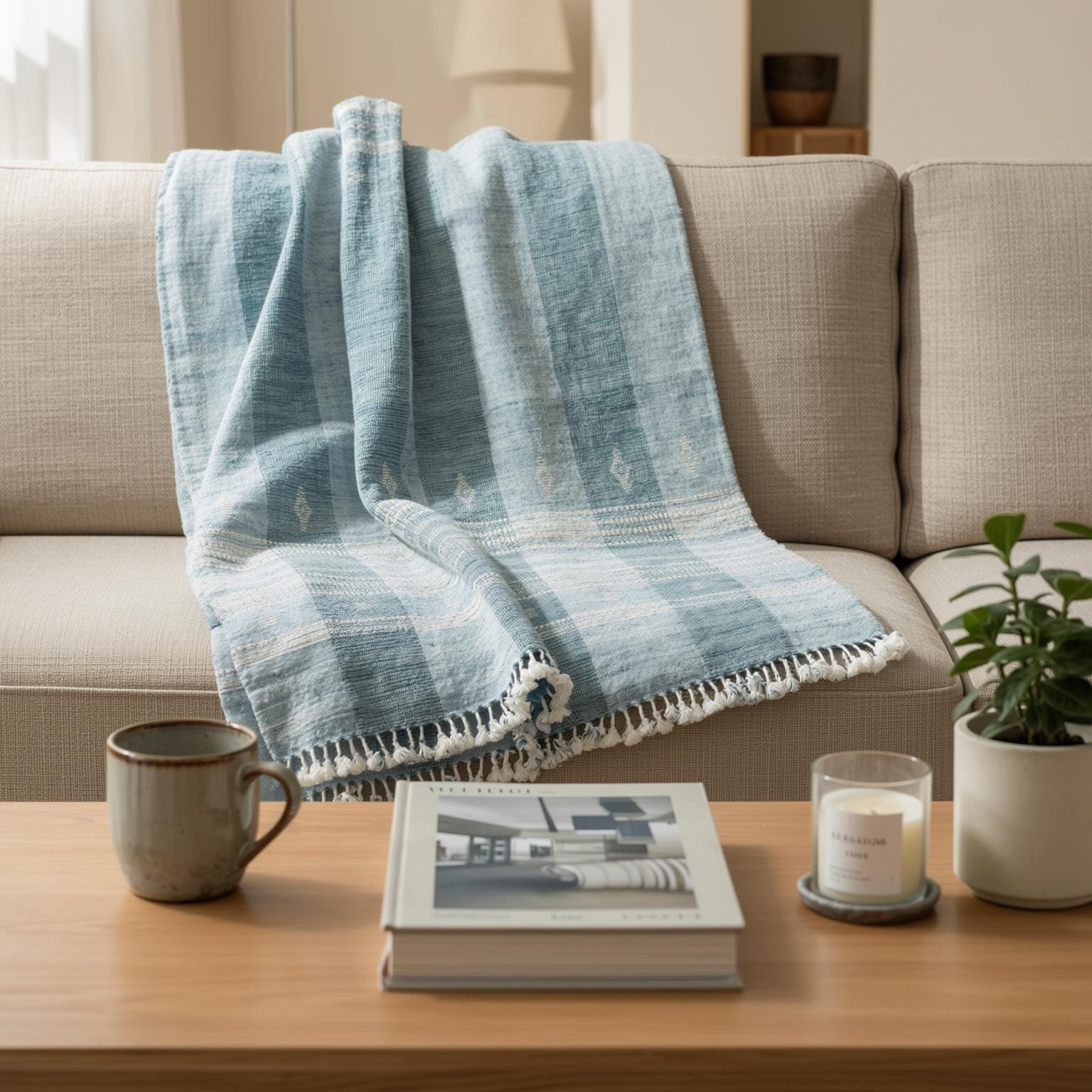 Teal Blue Indian Wool Throw Blanket, Handwoven Sofa Coverlet with Striped Foot-of-Bed Layer - IRIS