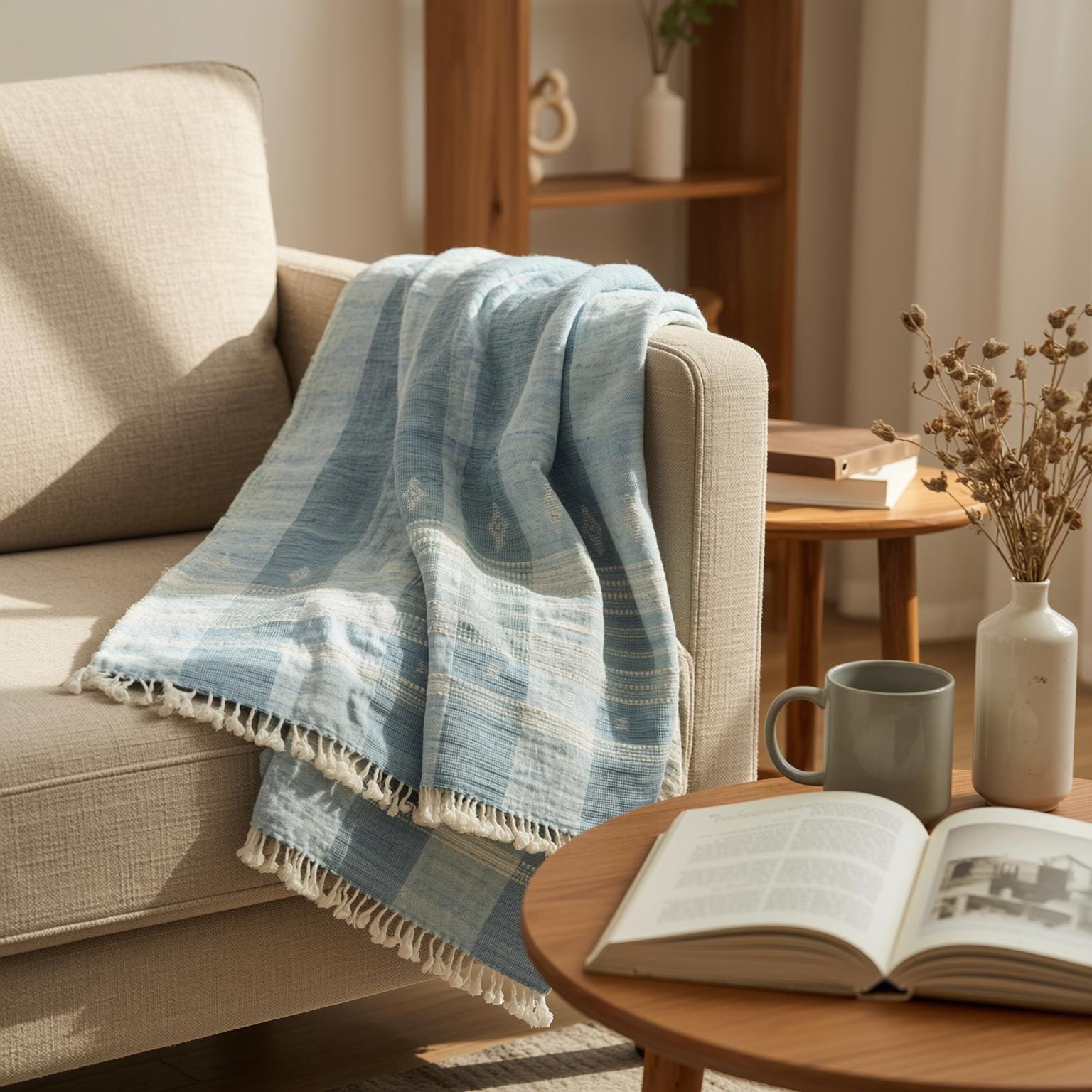 Teal Blue Indian Wool Throw Blanket, Handwoven Sofa Coverlet with Striped Foot-of-Bed Layer - IRIS