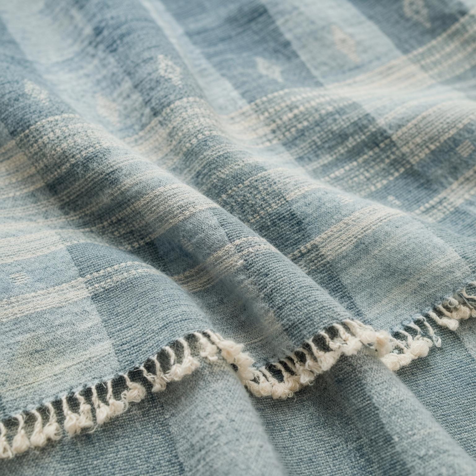 Teal Blue Indian Wool Throw Blanket, Handwoven Sofa Coverlet with Striped Foot-of-Bed Layer - IRIS