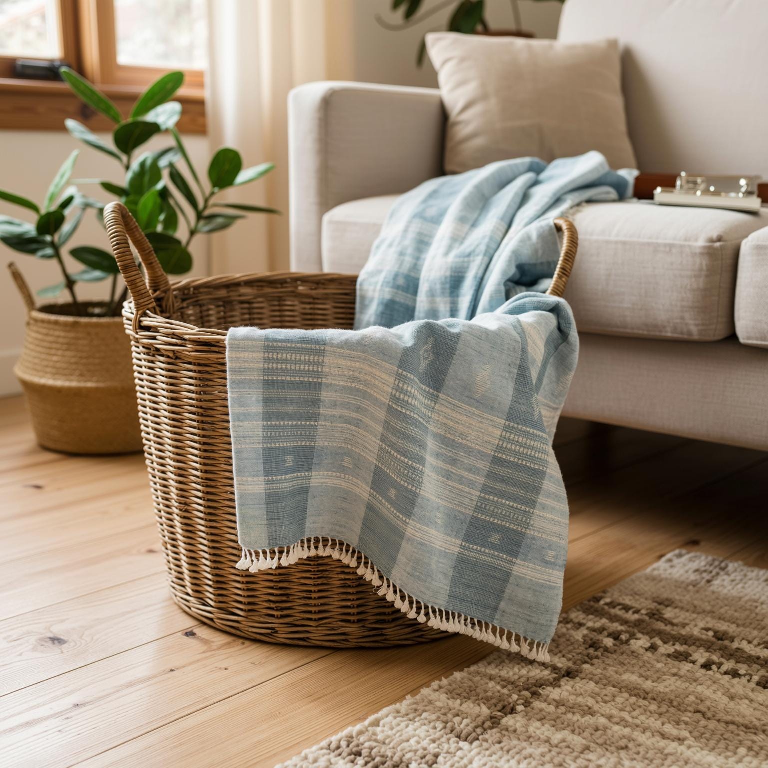 Teal Blue Indian Wool Throw Blanket, Handwoven Sofa Coverlet with Striped Foot-of-Bed Layer - IRIS