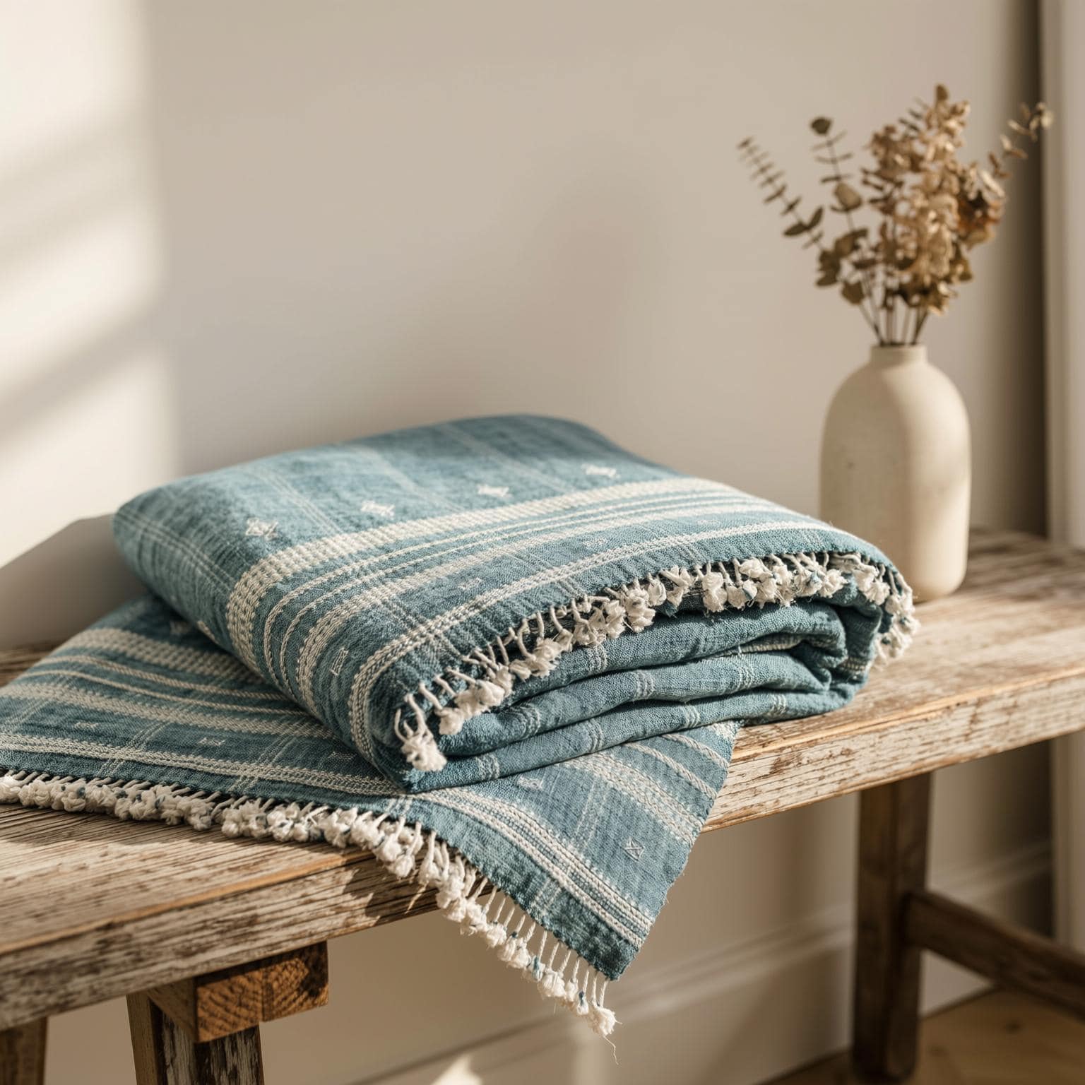 Teal Blue Indian Wool Throw Blanket, Handwoven Couch Throw & Geometric Bed Runner - TOPAS