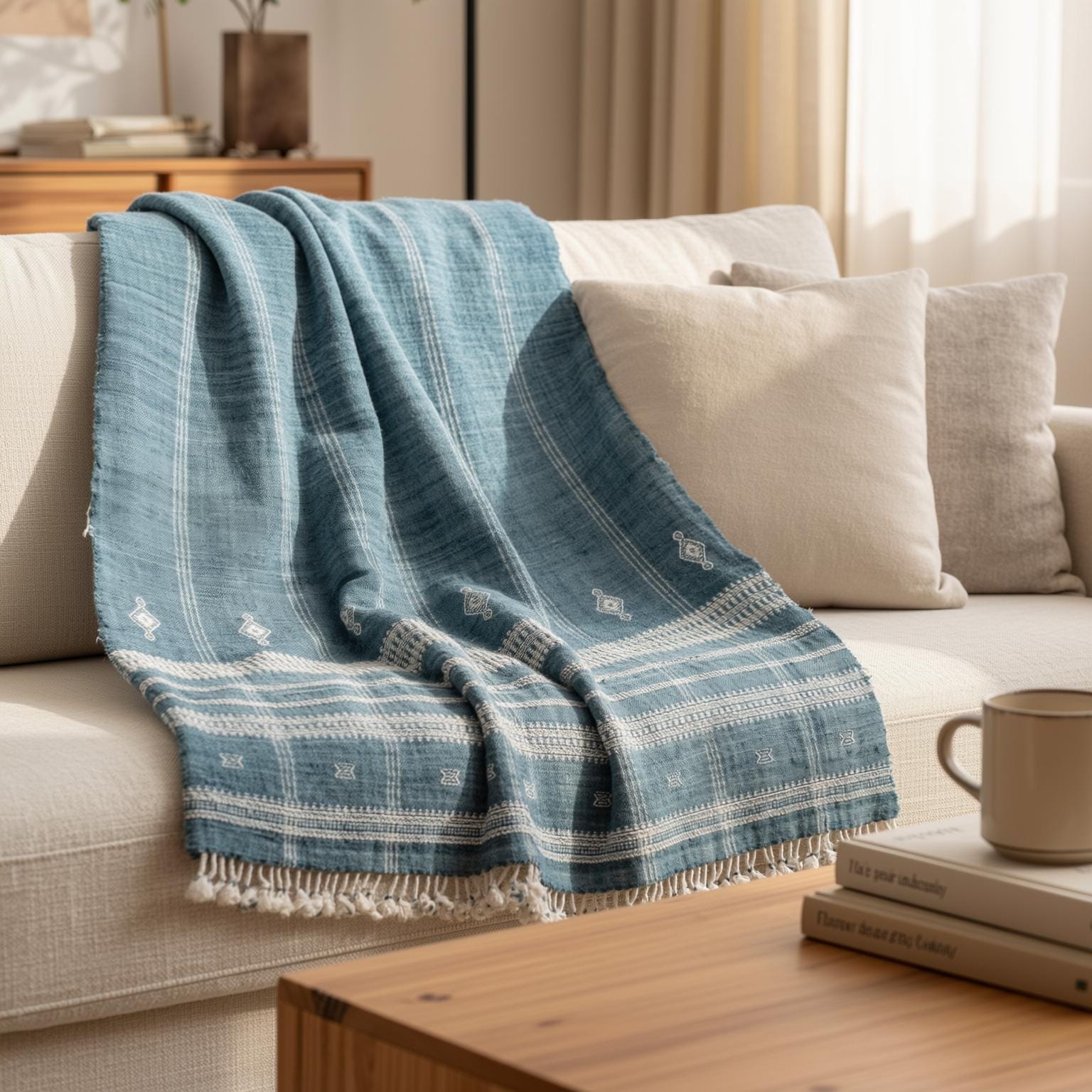 Teal Blue Indian Wool Throw Blanket, Handwoven Couch Throw & Geometric Bed Runner - TOPAS