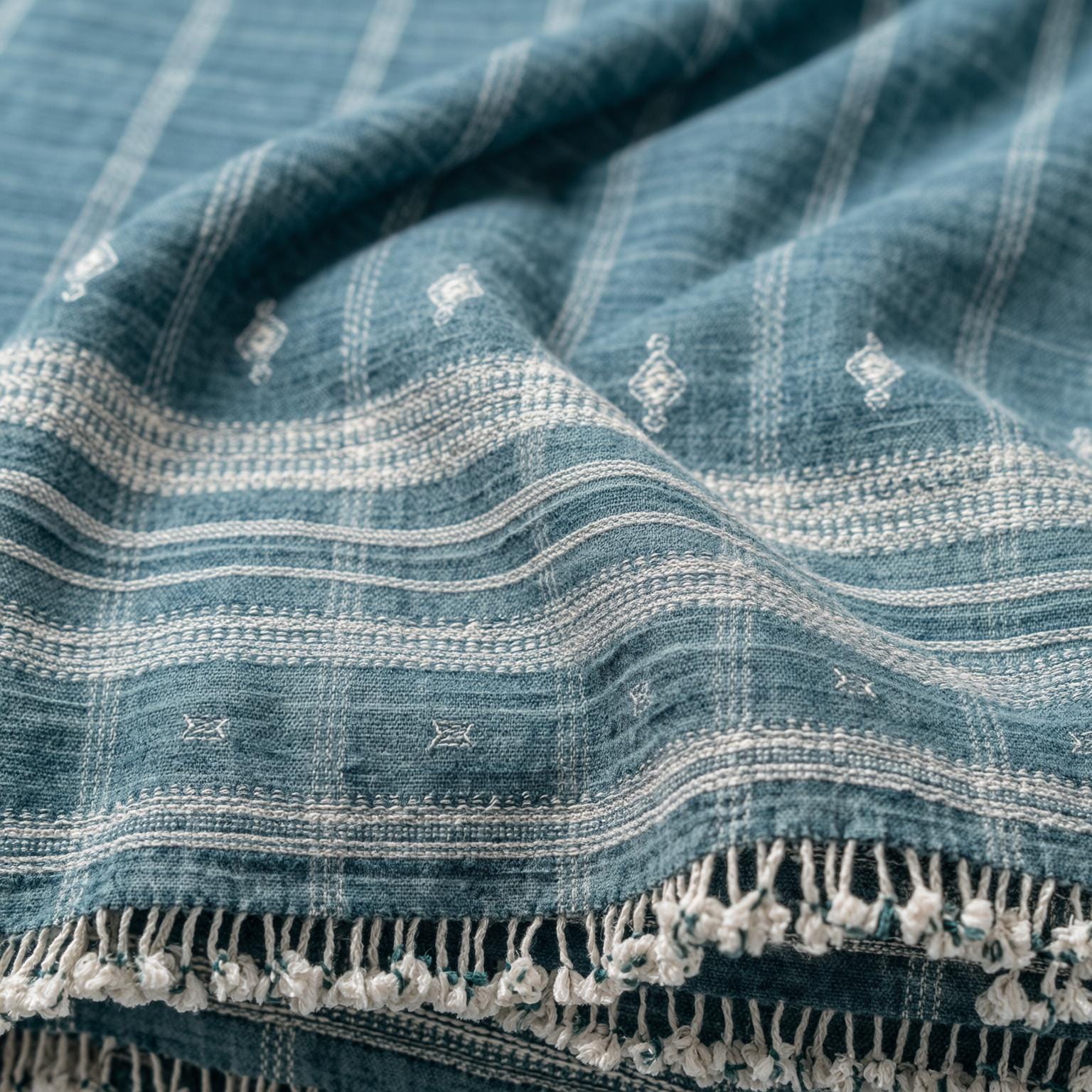 Teal Blue Indian Wool Throw Blanket, Handwoven Couch Throw & Geometric Bed Runner - TOPAS