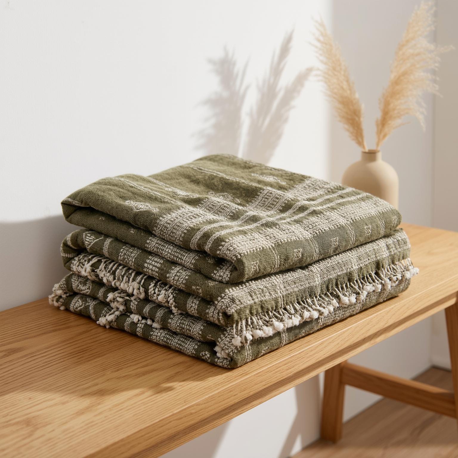 Olive Green Indian Wool Throw Blanket, Handwoven Couch Coverlet with Foot-of-Bed Layer - OLIVER