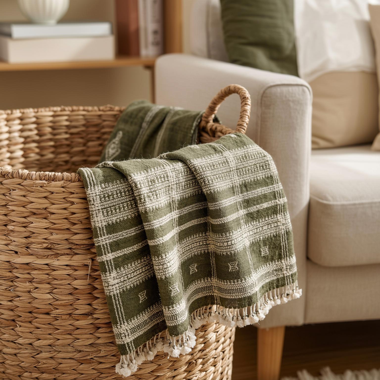 Olive Green Indian Wool Throw Blanket, Handwoven Sofa Coverlet & Boho Bed Runner - OLIVER
