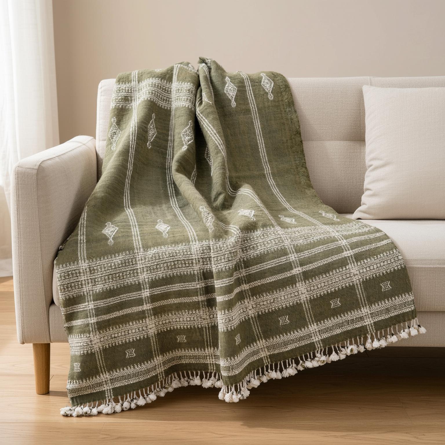 Olive Green Indian Wool Throw Blanket, Handwoven Sofa Coverlet & Boho Bed Runner - OLIVER