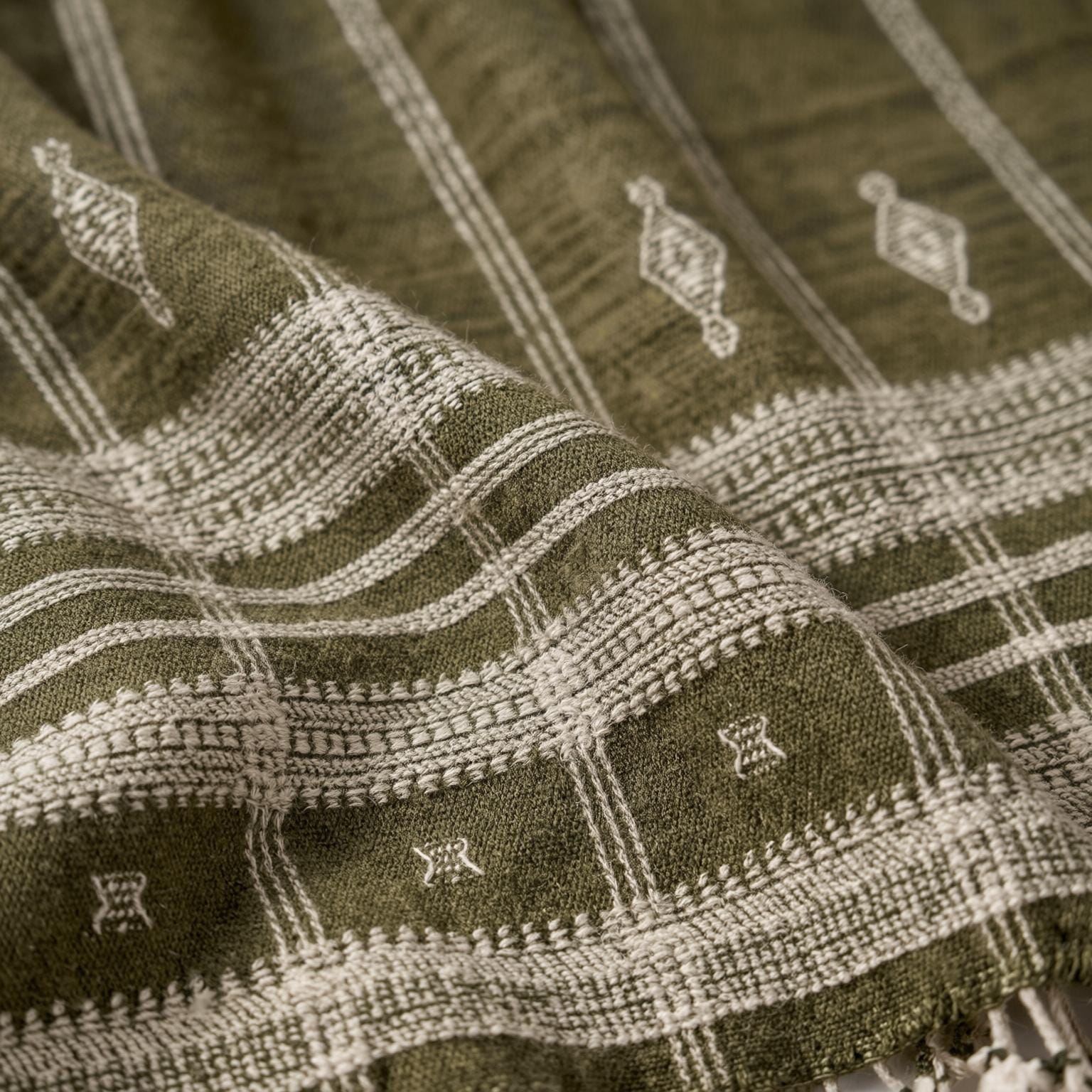 Olive Green Indian Wool Throw Blanket, Handwoven Couch Coverlet with Foot-of-Bed Layer - OLIVER