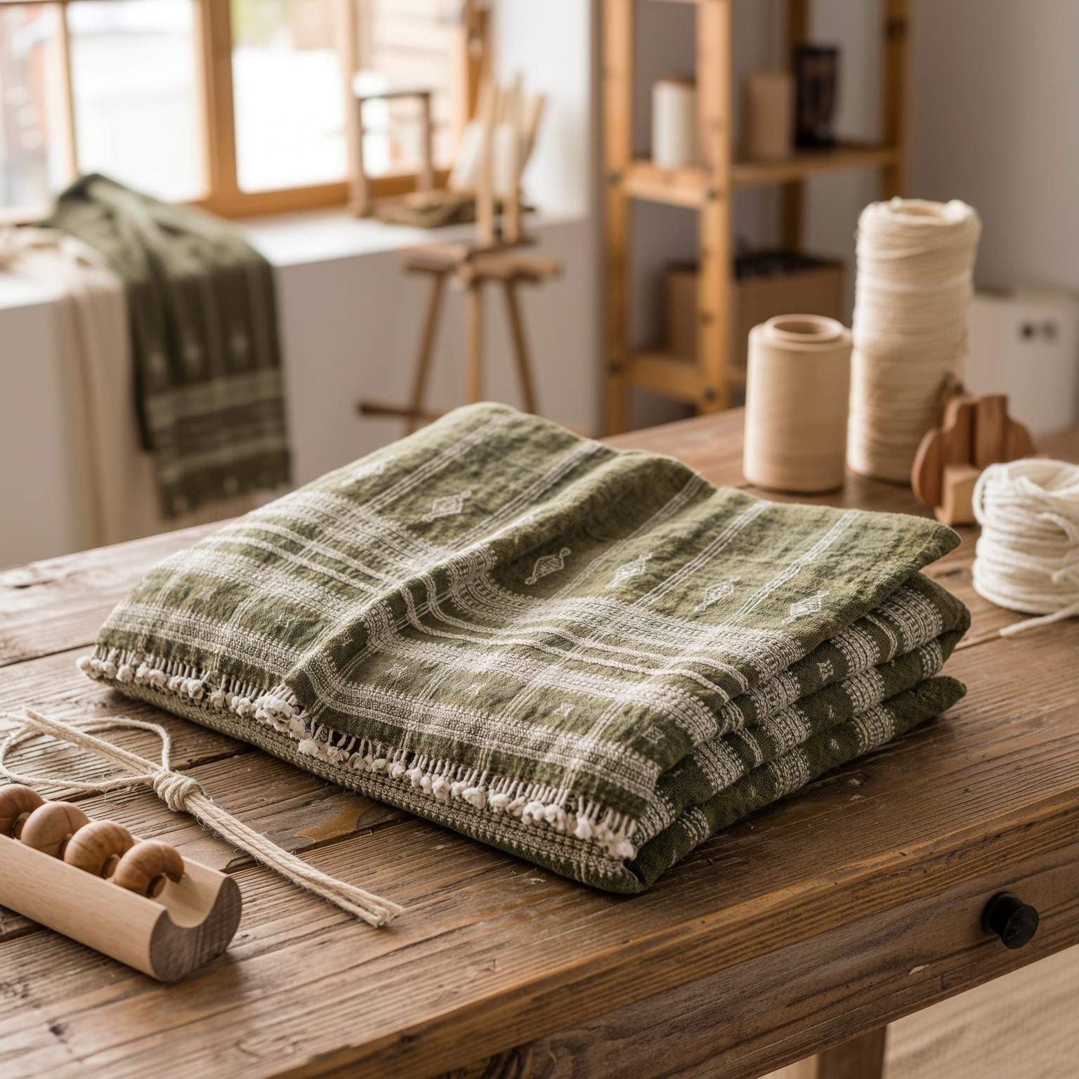 Olive Green Indian Wool Throw Blanket, Handwoven Sofa Coverlet & Boho Bed Runner - OLIVER